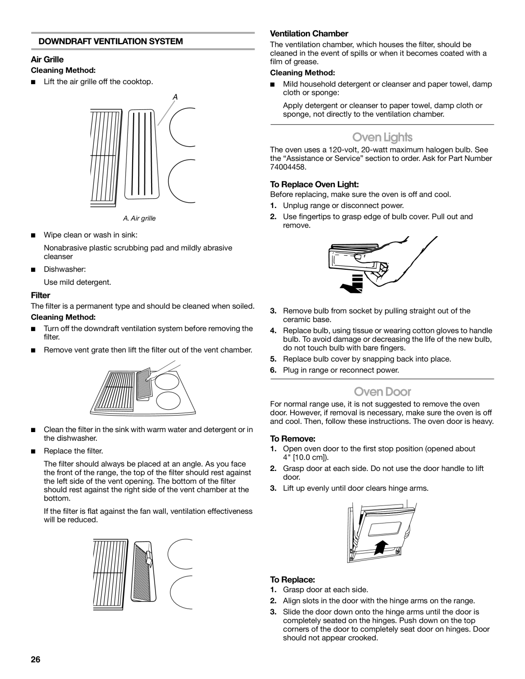 Jenn-Air JES9750, JES9860 manual Oven Lights, Oven Door, Downdraft Ventilation System 