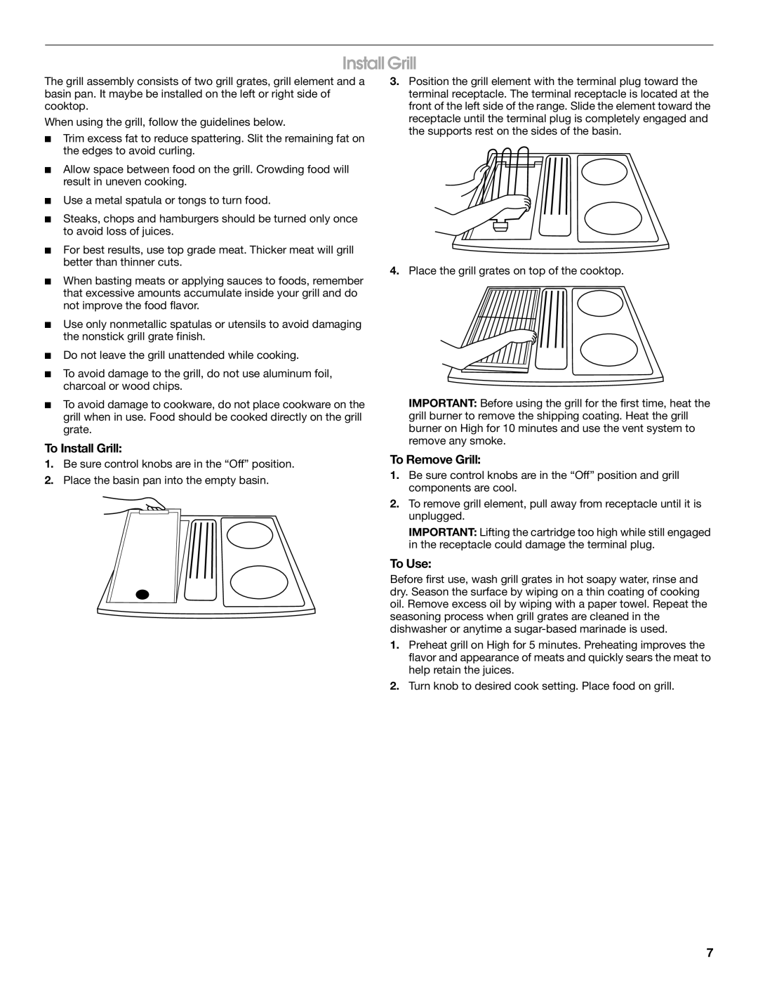 Jenn-Air JES9860, JES9750 manual To Install Grill, To Remove Grill, To Use 