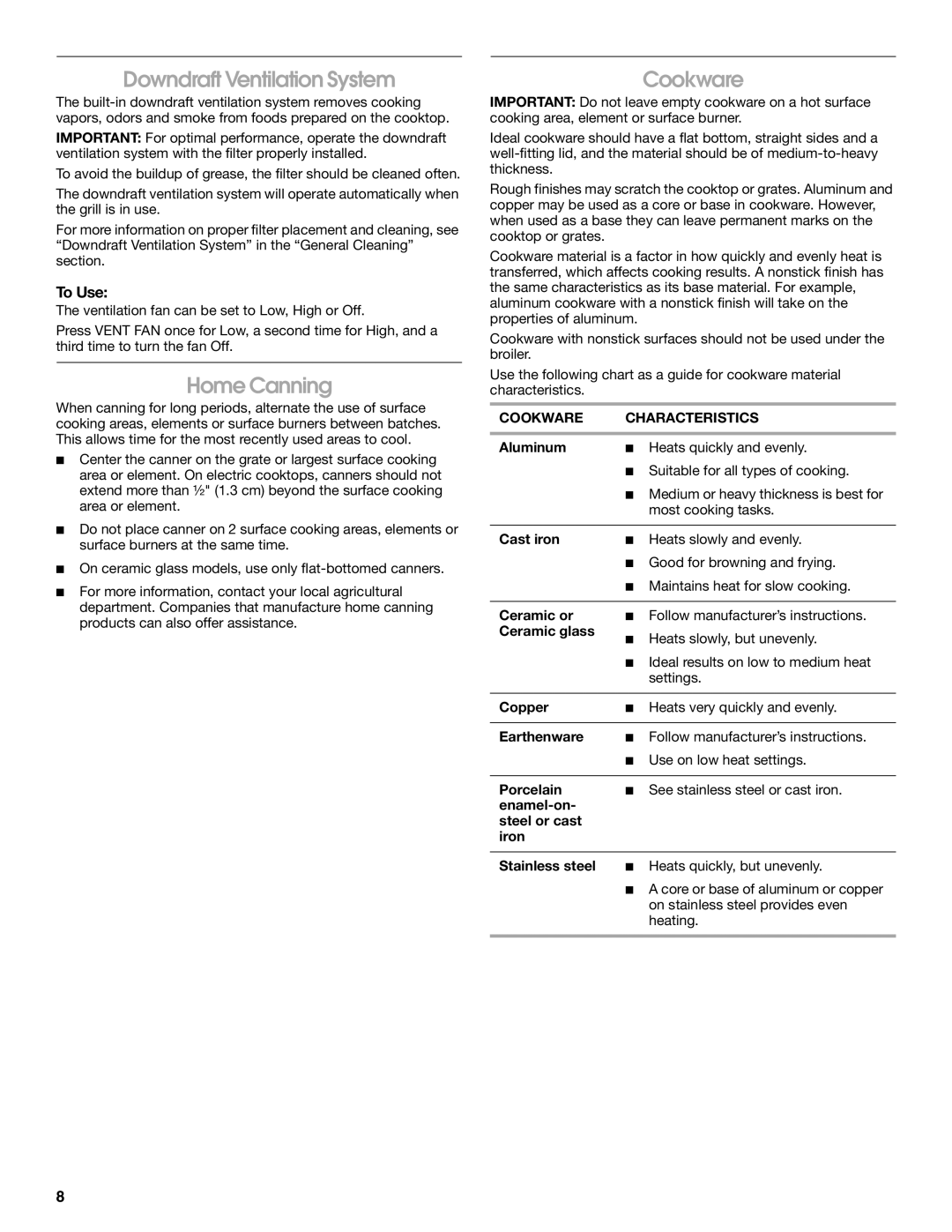 Jenn-Air JES9750, JES9860 manual Downdraft Ventilation System, Home Canning, Cookware Characteristics 
