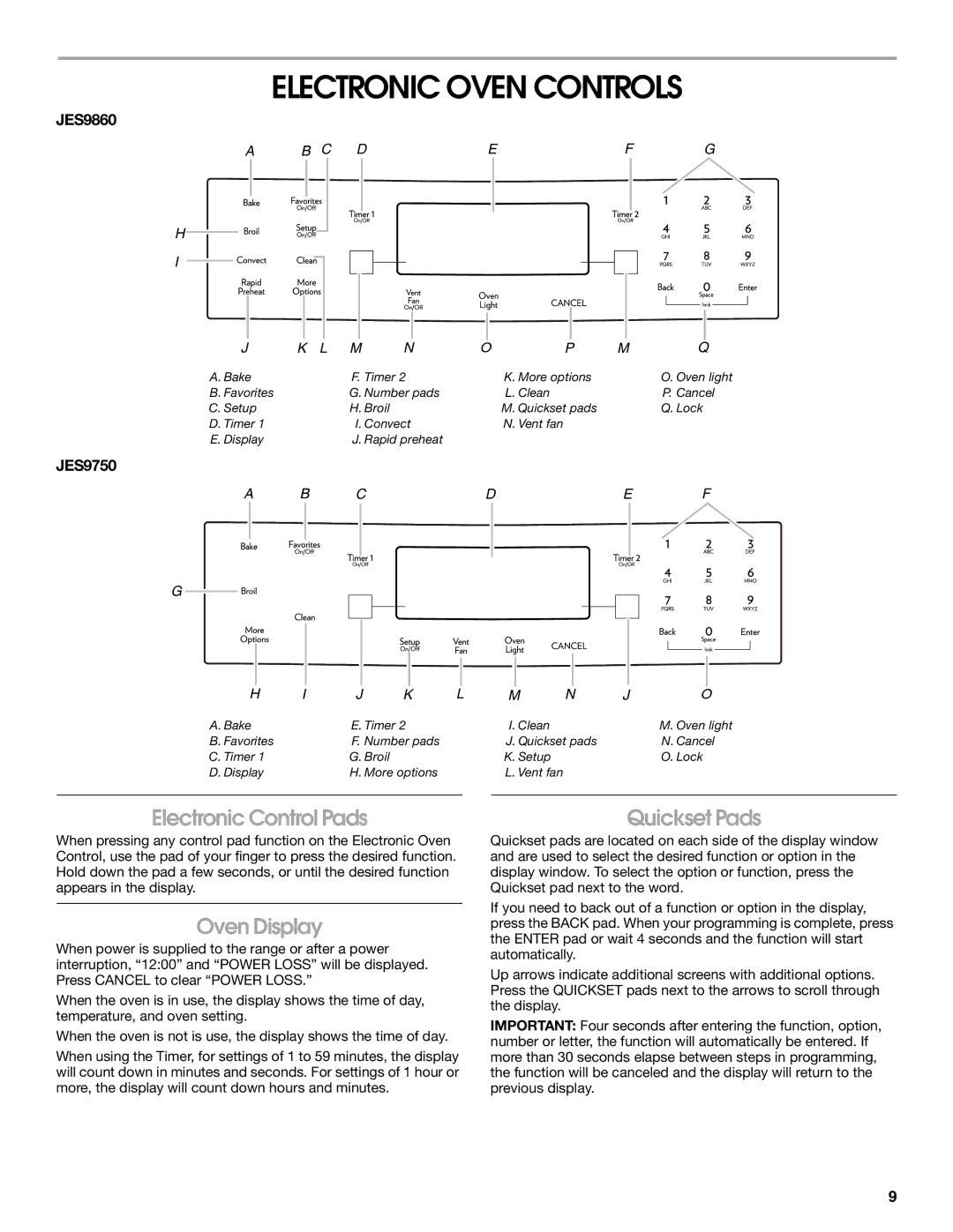 Jenn-Air JES9860 manual Electronic Oven Controls, Oven Display, JES9750 