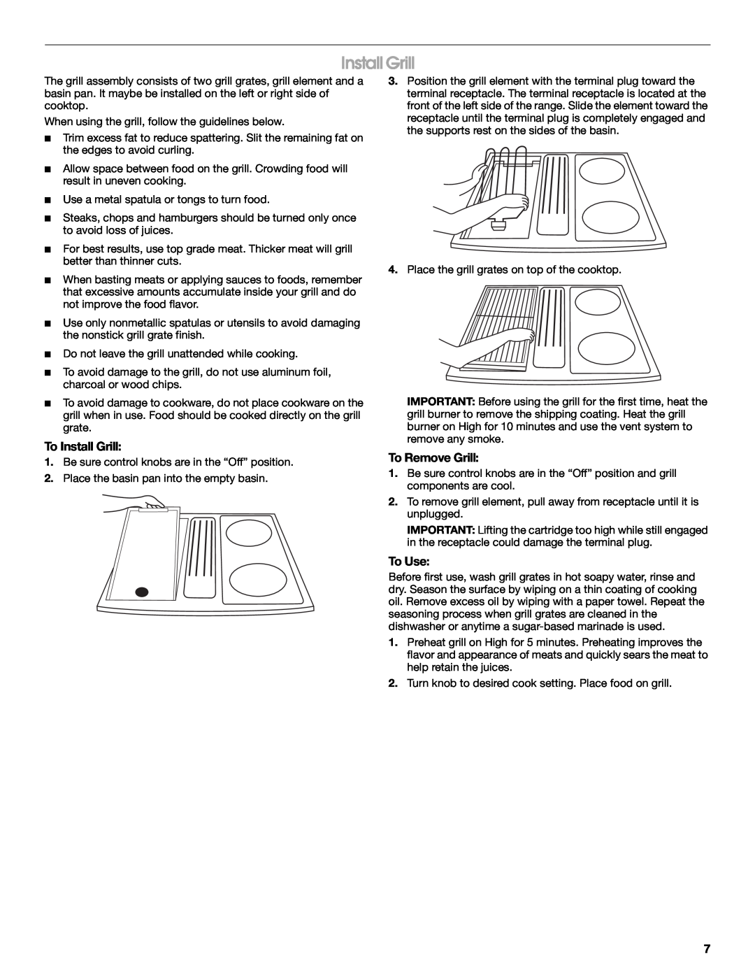 Jenn-Air JES9860, JES9750 manual To Install Grill, To Remove Grill, To Use 