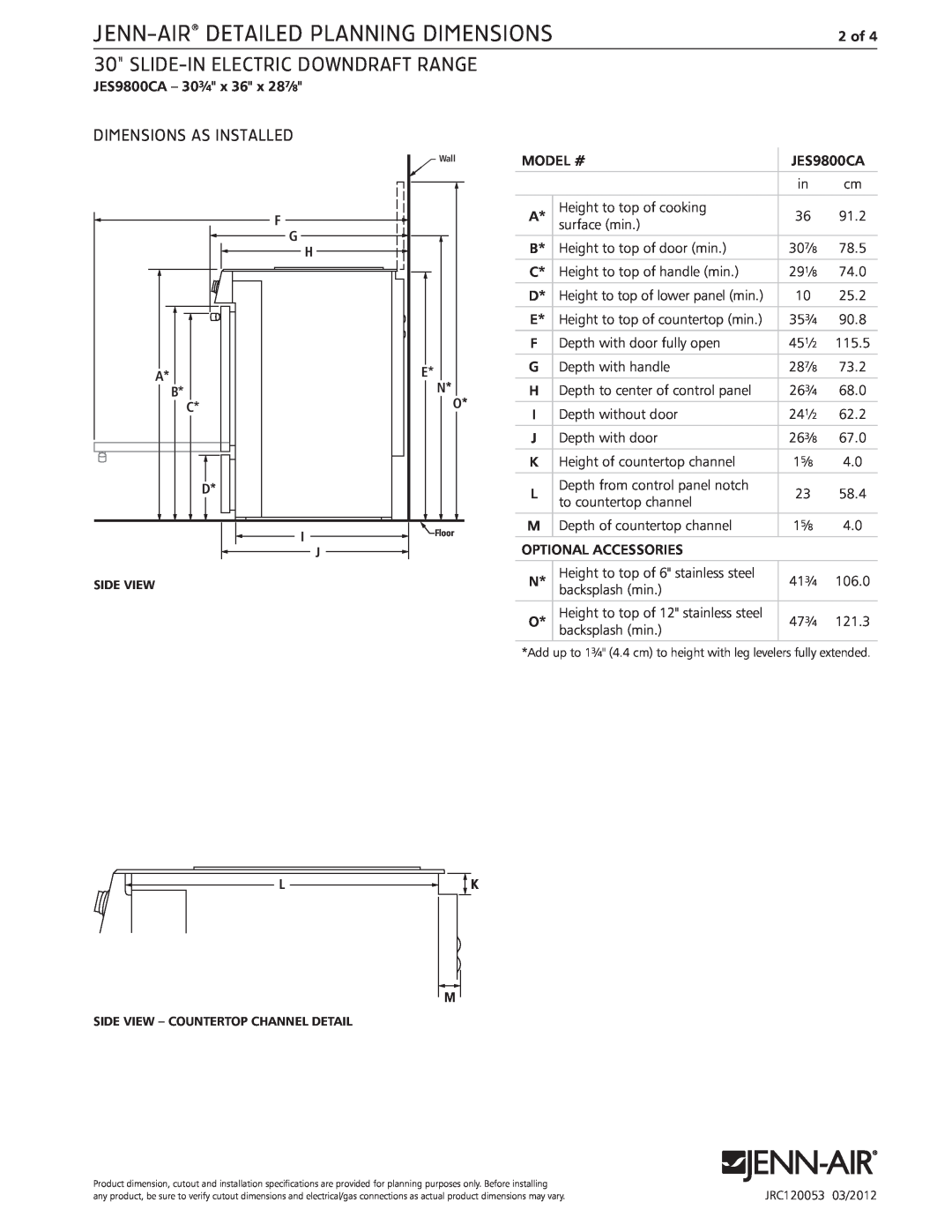 Jenn-Air JES9800CA Slide-Inelectric Downdraft Range, Dimensions As Installed, Jenn-Air Detailed Planning Dimensions 