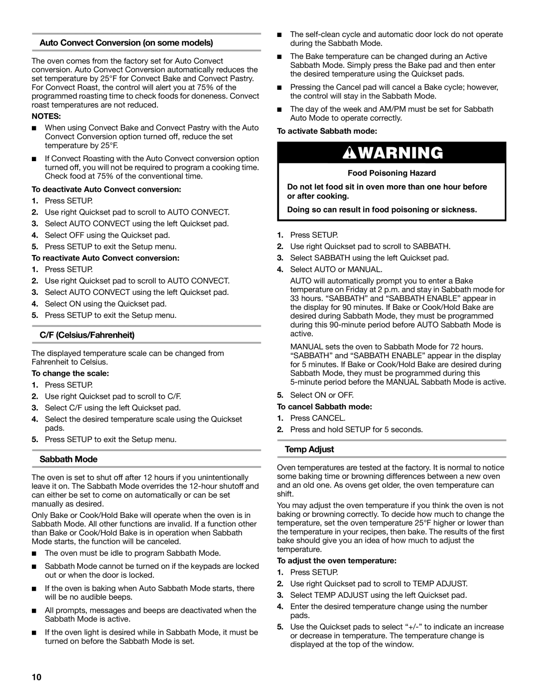 Jenn-Air JES9900, JES9800 manual Auto Convect Conversion on some models, Celsius/Fahrenheit, Sabbath Mode, Temp Adjust 