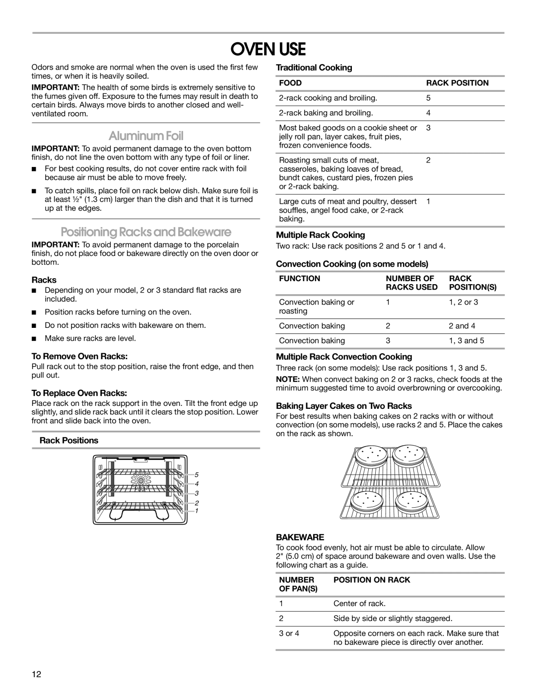 Jenn-Air JES9900, JES9800 manual Oven USE, Aluminum Foil, Positioning Racks and Bakeware 