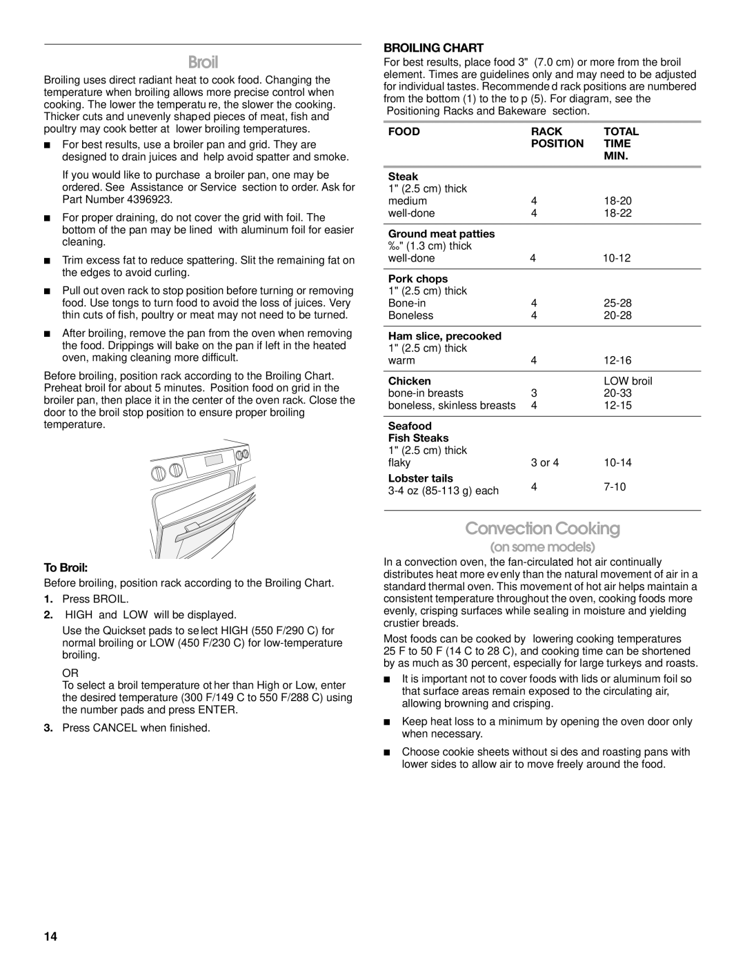 Jenn-Air JES9900, JES9800 manual Convection Cooking, To Broil, Broiling Chart, Food Rack Total Position Time MIN 