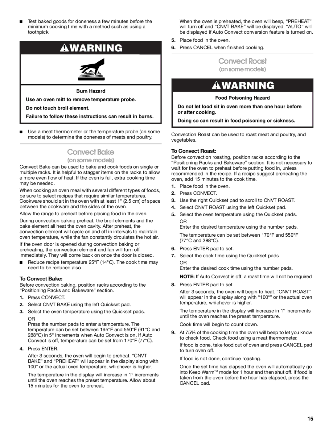 Jenn-Air JES9800, JES9900 manual To Convect Bake, To Convect Roast 