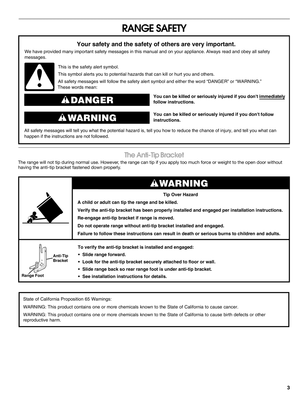 Jenn-Air JES9800, JES9900 manual Range Safety, Anti-Tip Bracket 