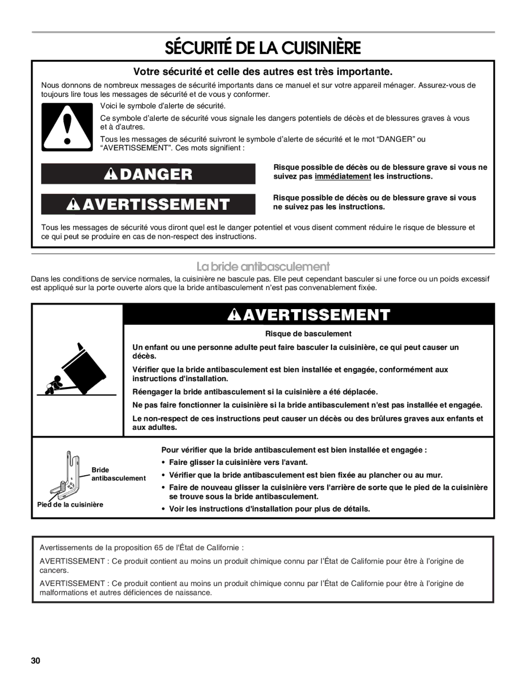 Jenn-Air JES9900, JES9800 manual Sécurité DE LA Cuisinière, La bride antibasculement 