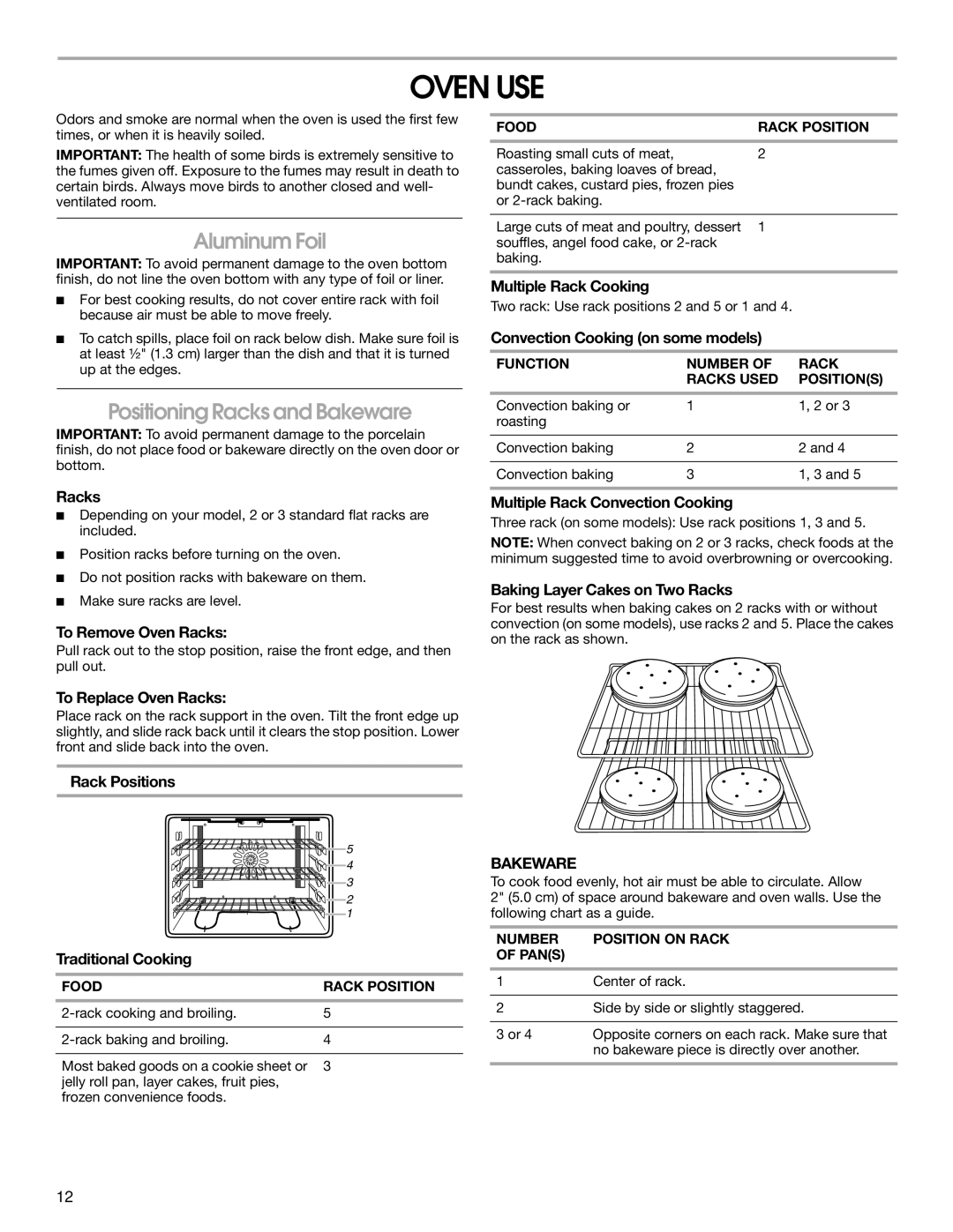 Jenn-Air JES9900, JES9800 manual Oven USE, Aluminum Foil, Positioning Racks and Bakeware 