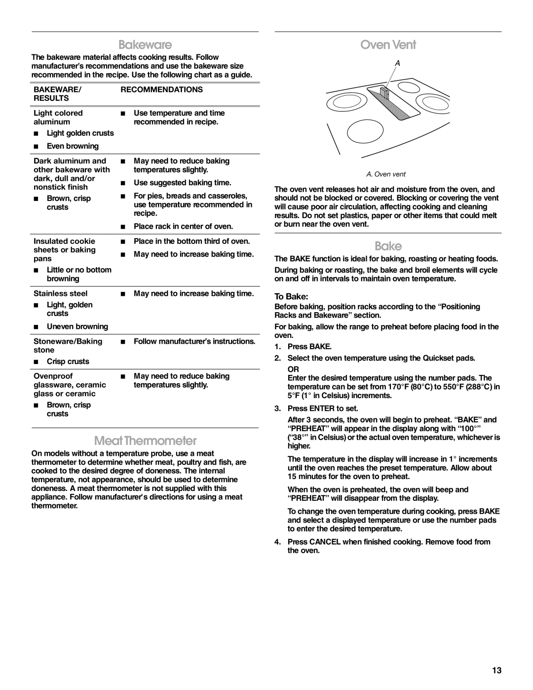 Jenn-Air JES9800, JES9900 manual Bakeware, Meat Thermometer, Oven Vent, To Bake 
