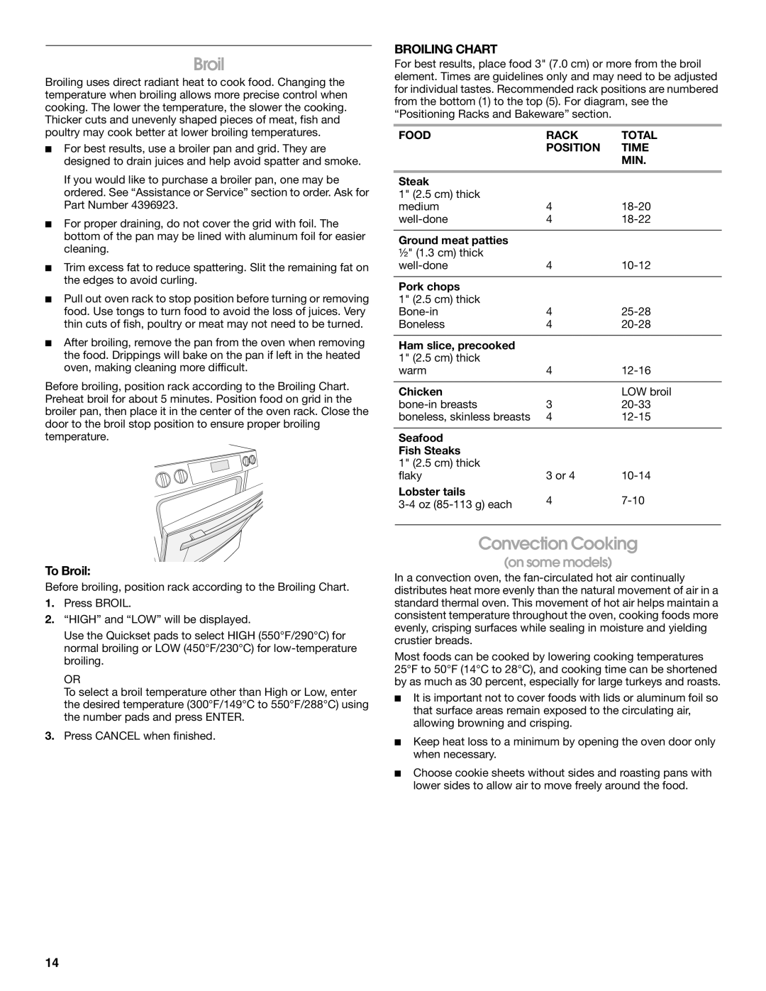 Jenn-Air JES9900, JES9800 manual Convection Cooking, To Broil, Broiling Chart, Food Rack Total Position Time MIN 