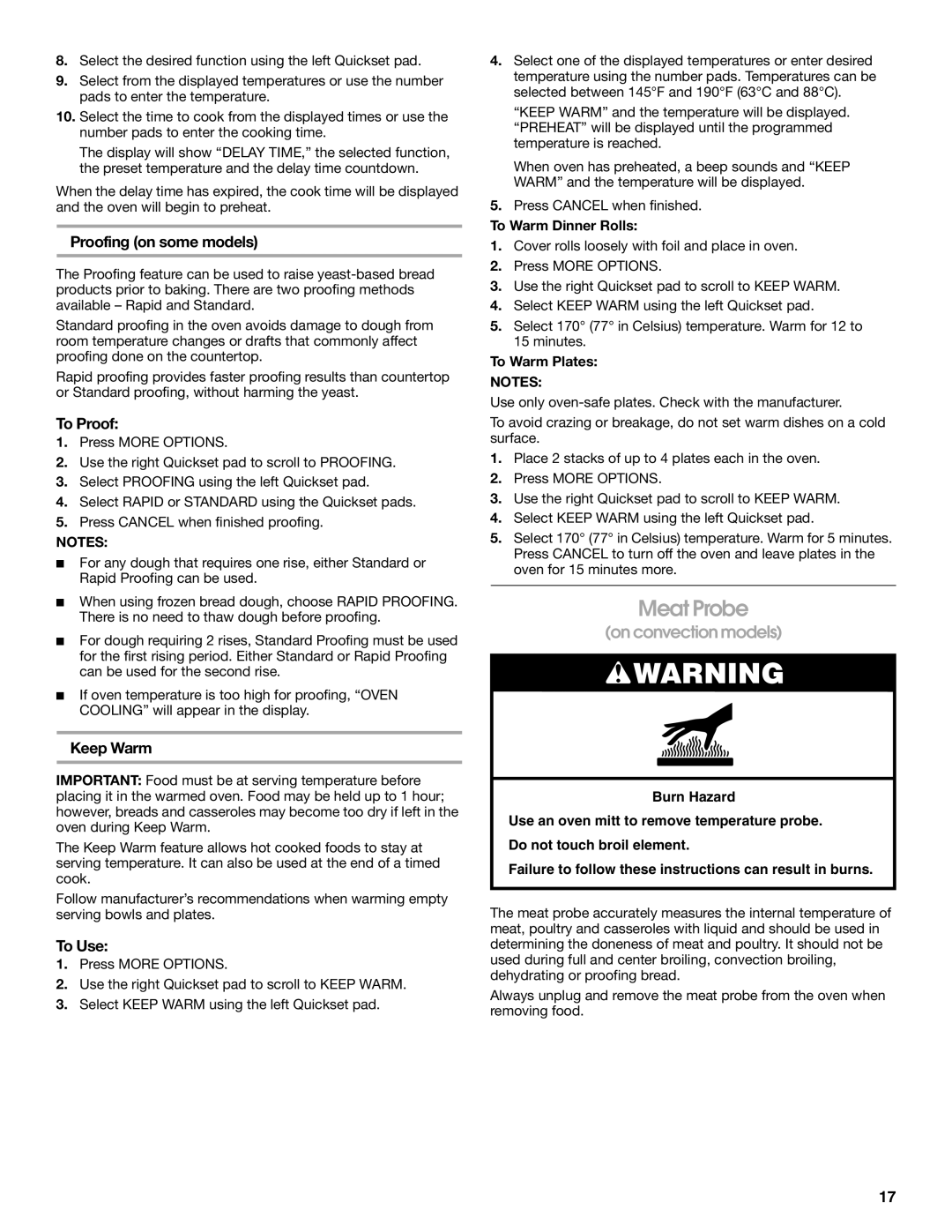Jenn-Air JES9800, JES9900 manual Meat Probe, Proofing on some models, To Proof, Keep Warm 