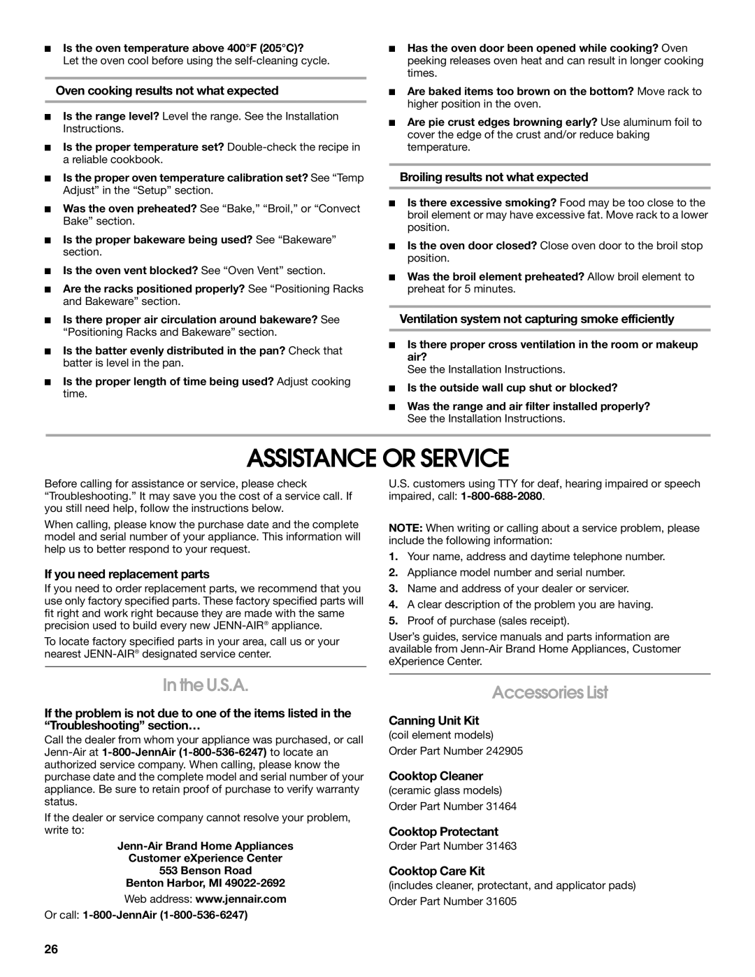 Jenn-Air JES9900, JES9800 manual Assistance or Service, U.S.A, Accessories List 