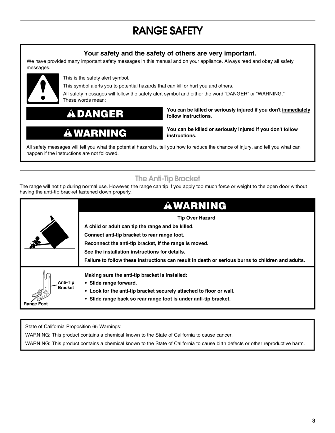 Jenn-Air JES9800, JES9900 manual Range Safety, Anti-Tip Bracket 