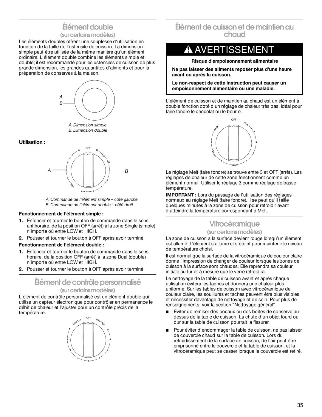 Jenn-Air JES9800 Élément double, Élément de cuisson et de maintien au Chaud, Élément de contrôle personnalisé, Utilisation 