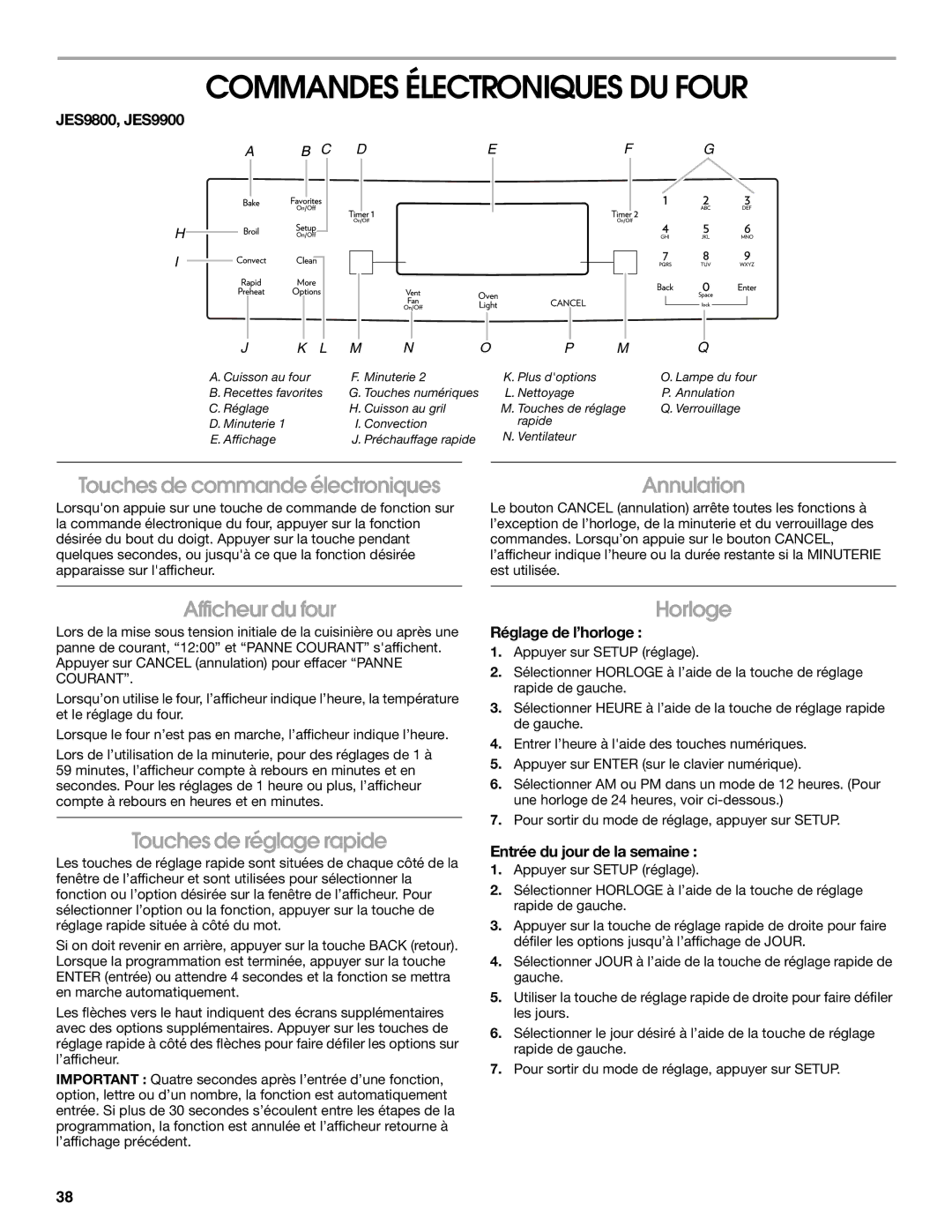 Jenn-Air JES9900 Commandes Électroniques DU Four, Touches de commande électroniques Annulation, Afficheur du four, Horloge 