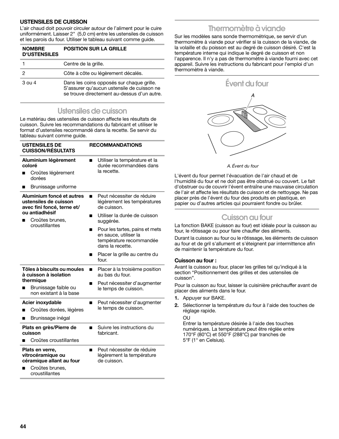 Jenn-Air JES9900 manual Thermomètre à viande, Évent du four Ustensiles de cuisson, Cuisson au four, Ustensiles DE Cuisson 