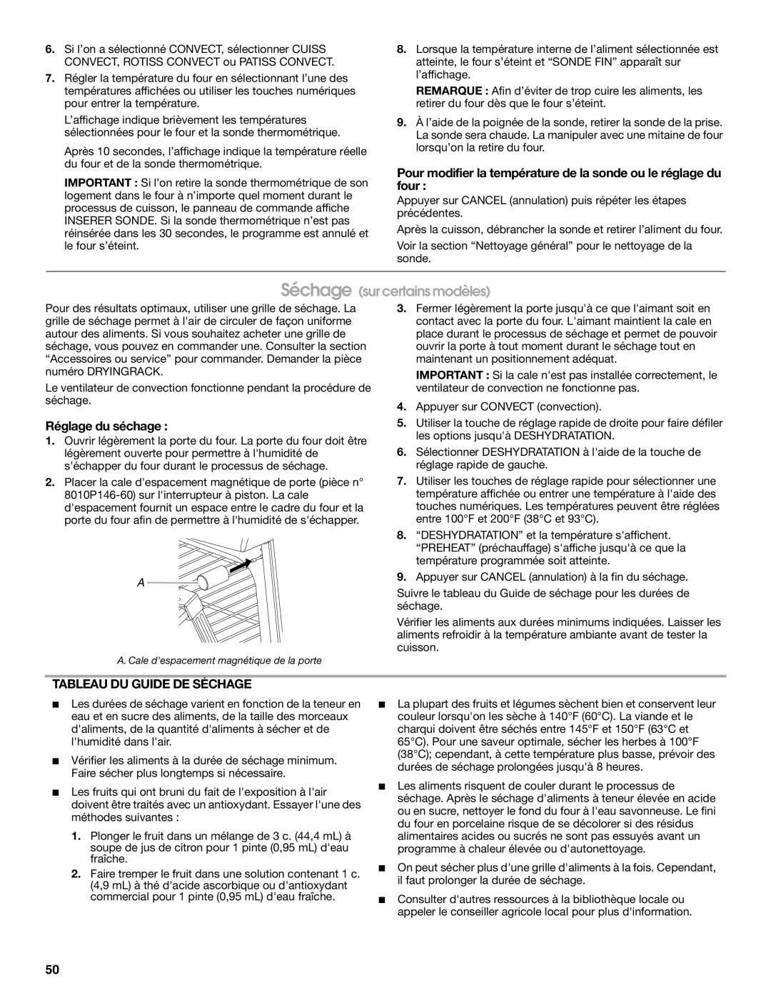 Jenn-Air JES9900, JES9800 manual Réglage du séchage, Tableau DU Guide DE Séchage 