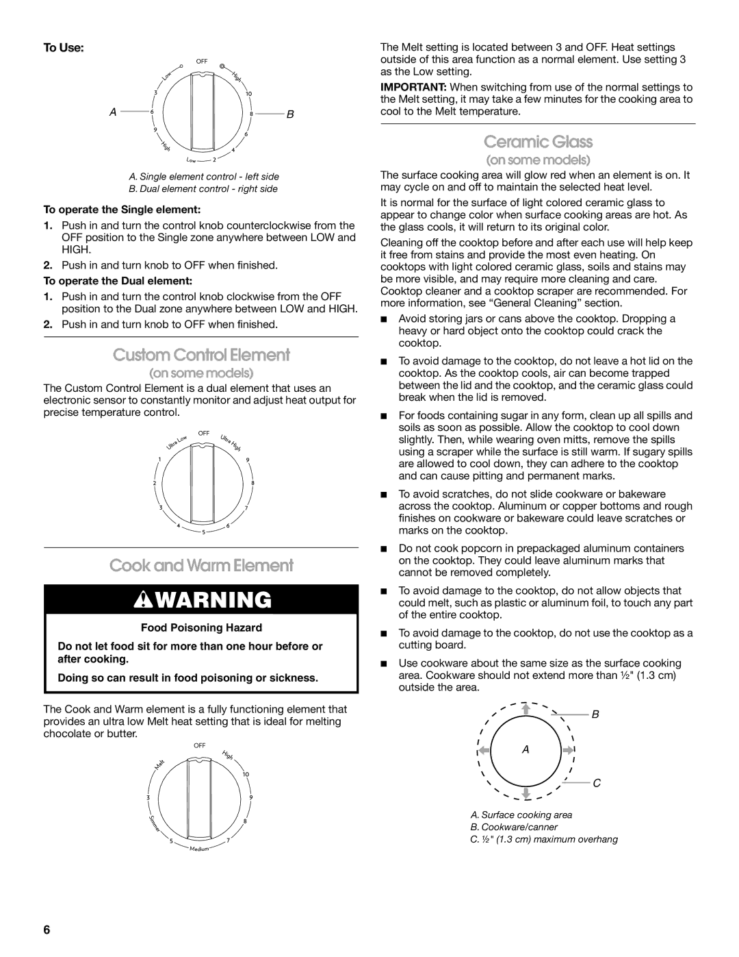 Jenn-Air JES9900, JES9800 manual Custom Control Element, Cook and Warm Element, Ceramic Glass, To Use 