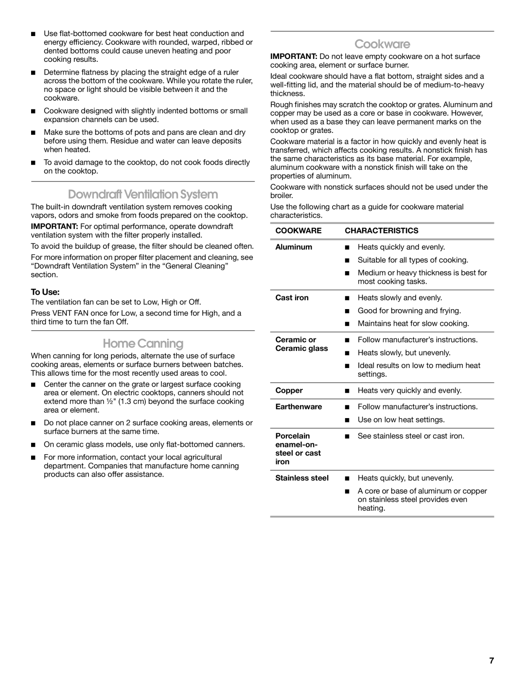 Jenn-Air JES9800, JES9900 manual Downdraft Ventilation System, Home Canning, Cookware Characteristics 