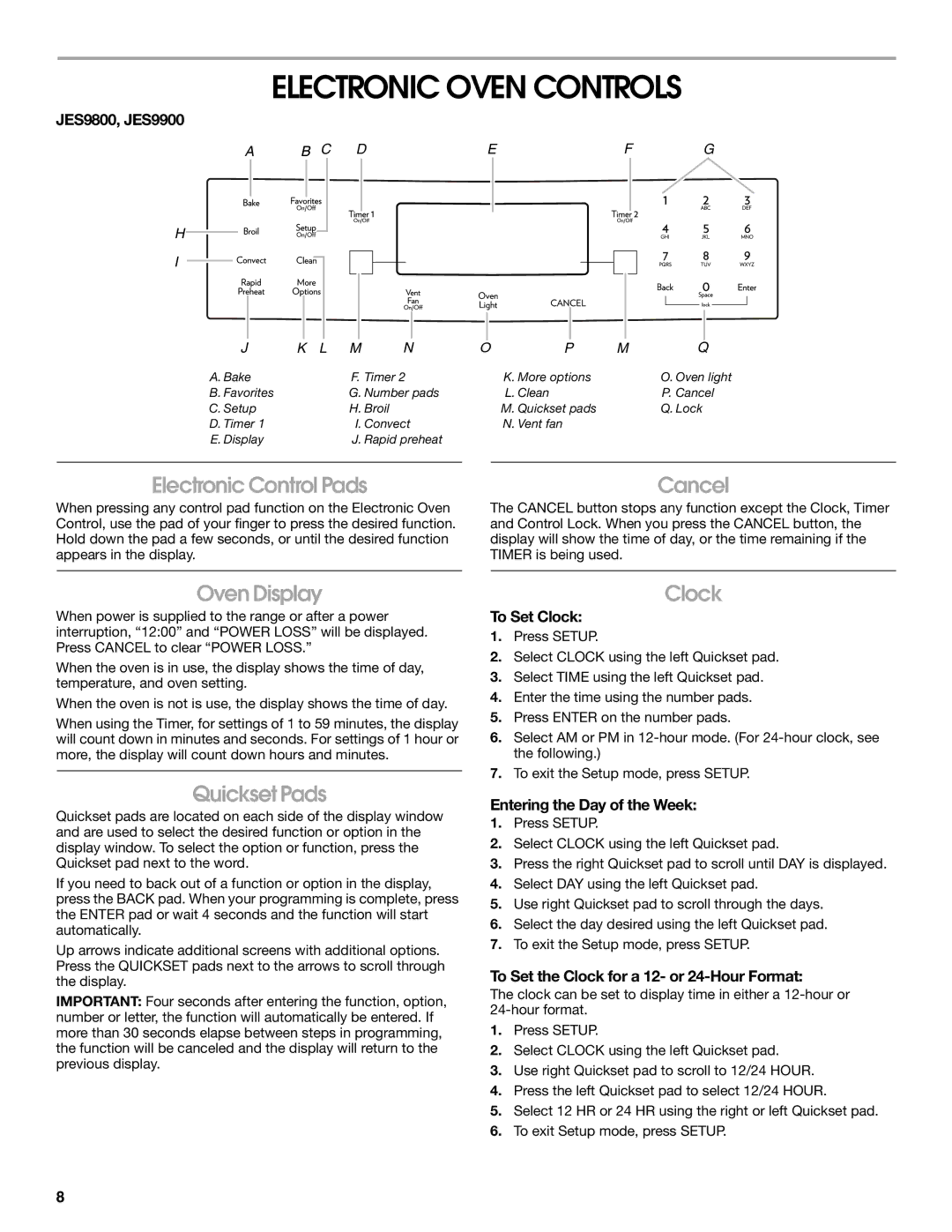 Jenn-Air JES9900, JES9800 manual Electronic Oven Controls, Oven Display, Quickset Pads, Clock 