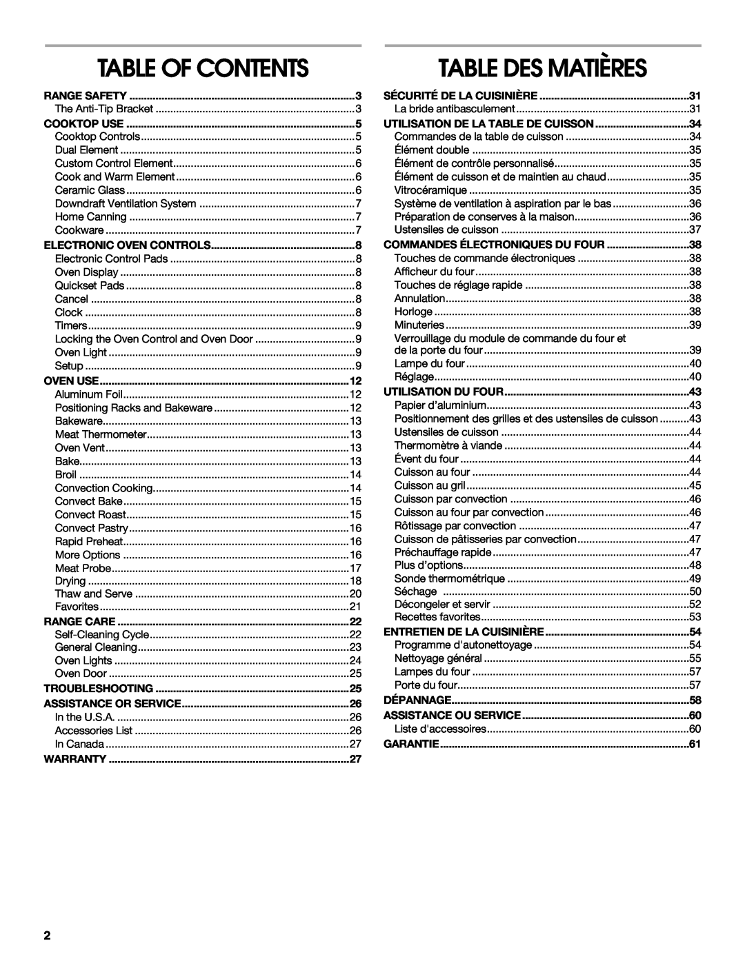Jenn-Air JES9900, JES9800 manual Table Of Contents, Table Des Matières 