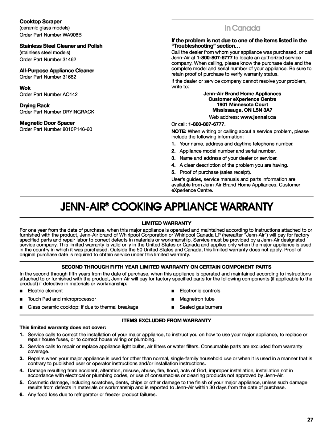 Jenn-Air JES9800 manual Jenn-Air Cooking Appliance Warranty, In Canada, Cooktop Scraper, Stainless Steel Cleaner and Polish 