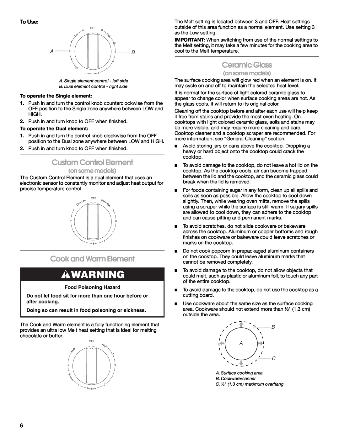 Jenn-Air JES9900 Custom Control Element, Cook and Warm Element, Ceramic Glass, To Use, A B, Food Poisoning Hazard, B A C 