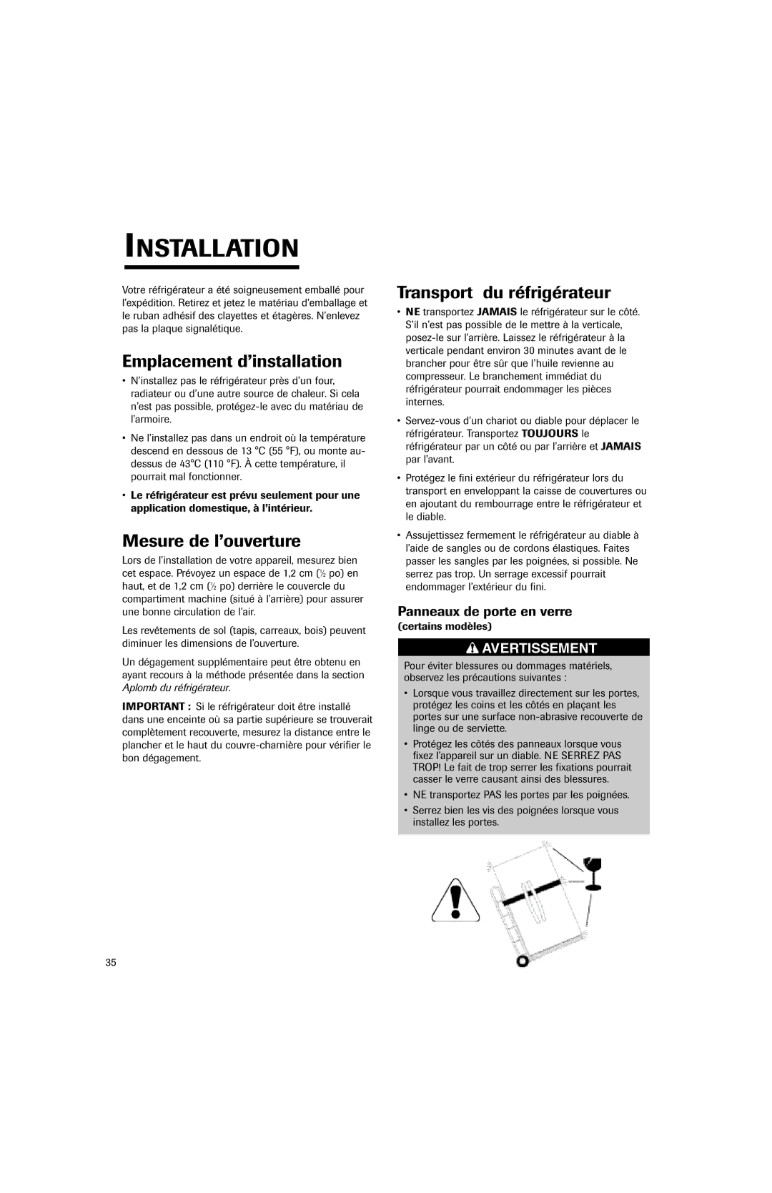Jenn-Air JFC2089HES Emplacement d’installation, Mesure de l’ouverture, Transport du réfrigérateur, Certains modèles 