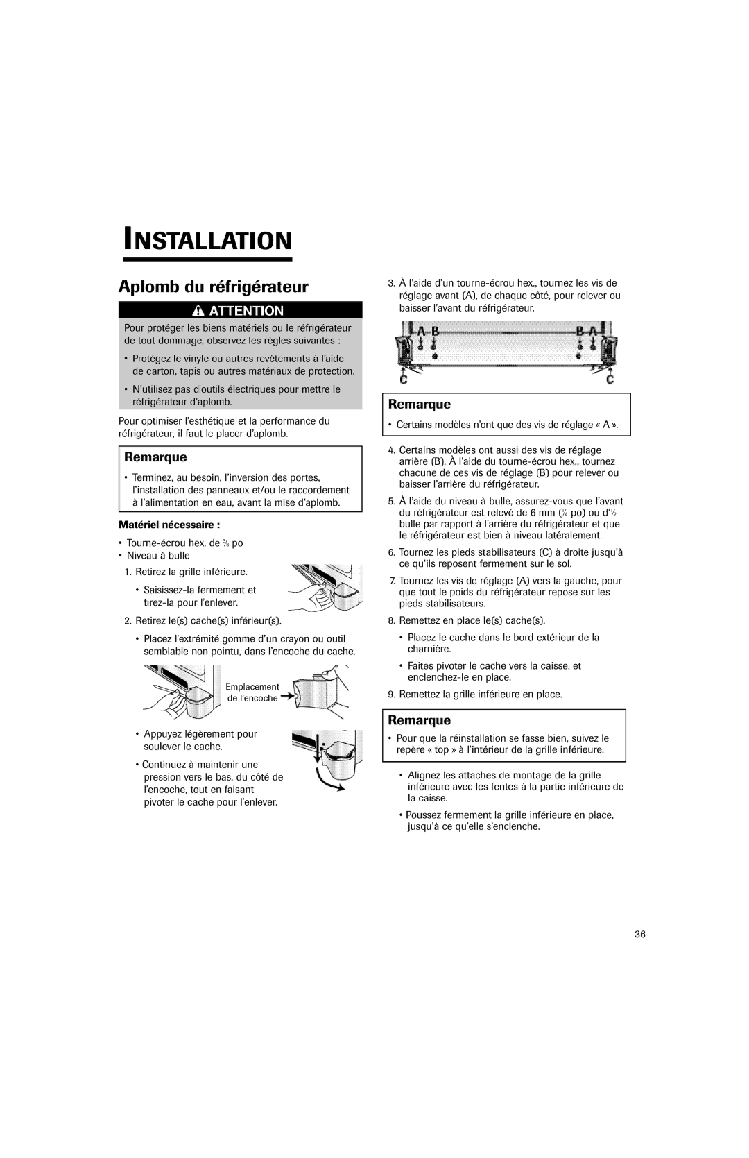 Jenn-Air JFC2089HEP, JFC2089HES important safety instructions Aplomb du réfrigérateur, Remarque 