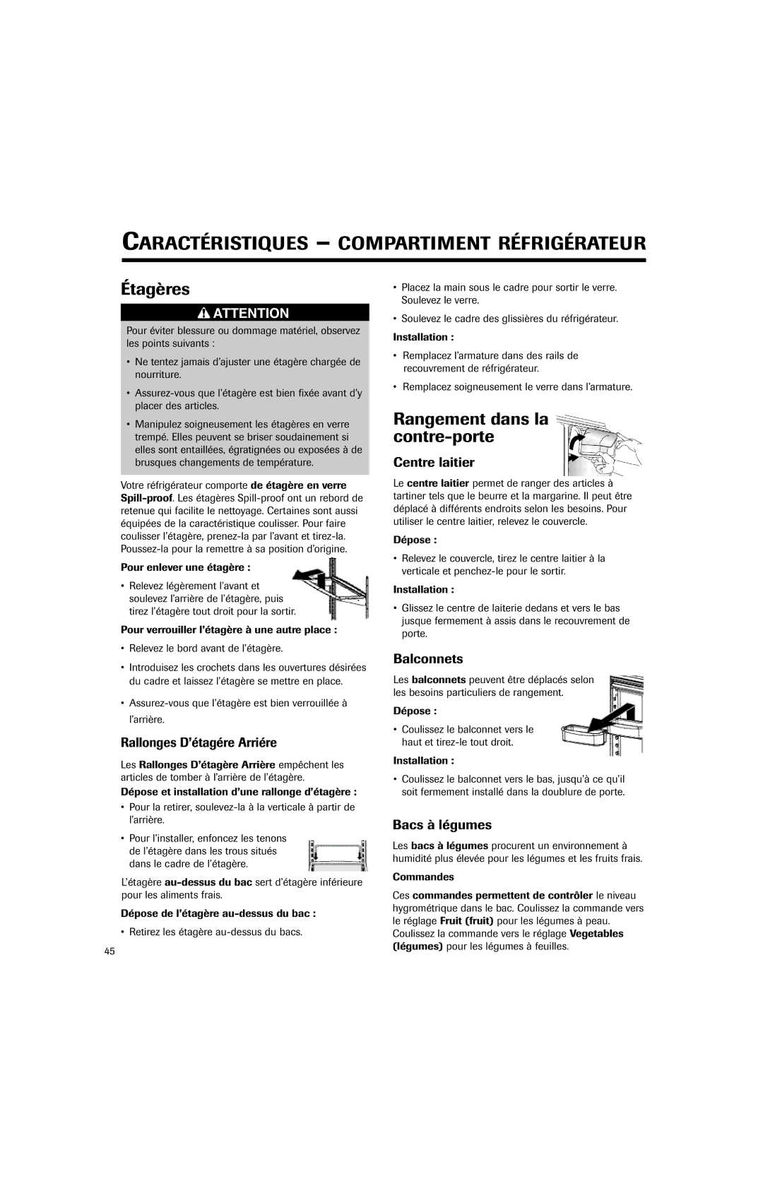 Jenn-Air JFC2089HES, JFC2089HEP important safety instructions Étagères, Rangement dans la contre-porte 