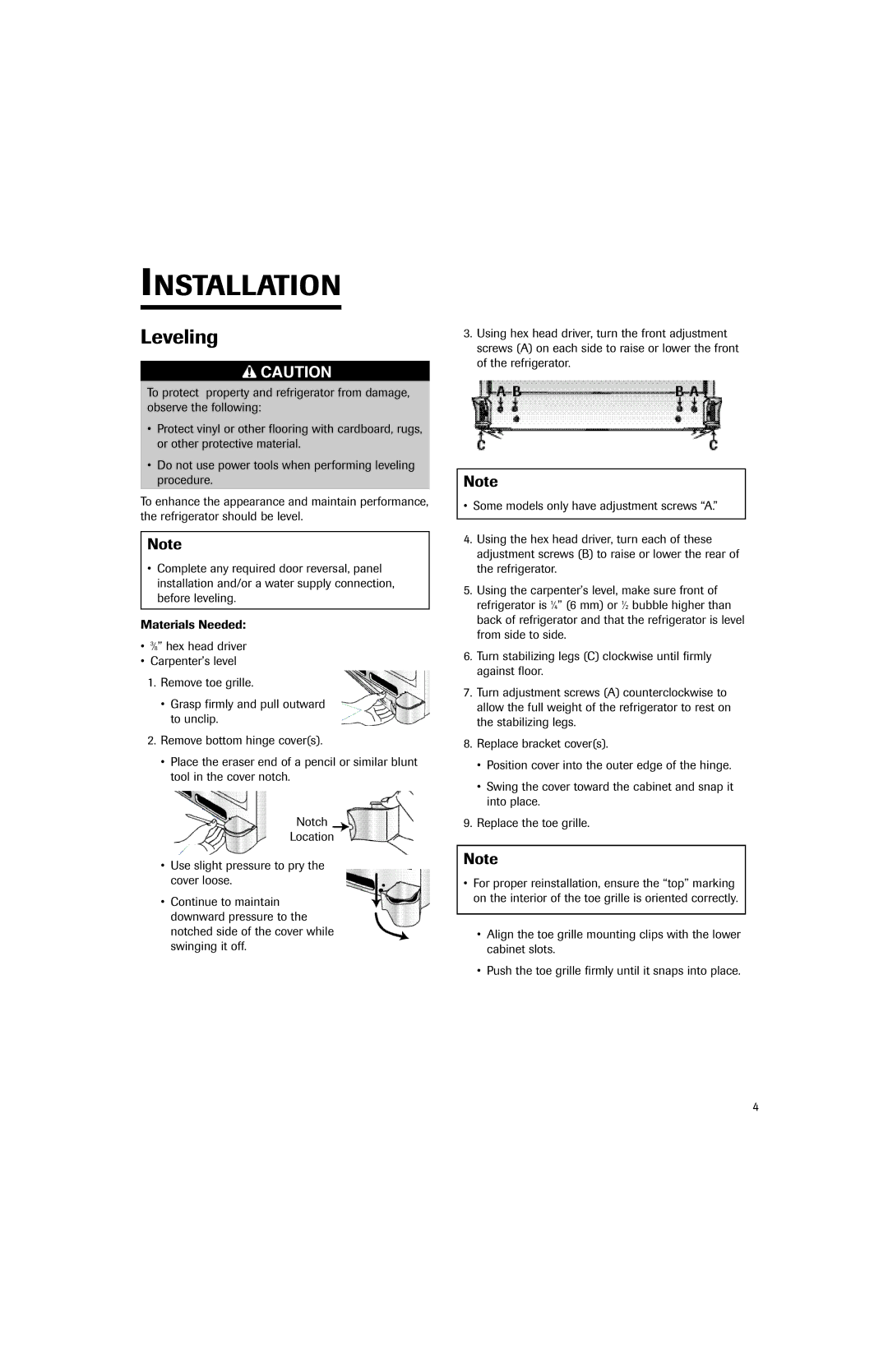 Jenn-Air JFC2089HEP, JFC2089HES important safety instructions Leveling 