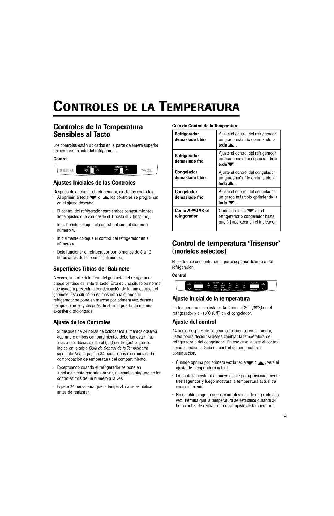 Jenn-Air JFC2089HEP, JFC2089HES Controles DE LA Temperatura, Control de temperatura ‘Trisensor’ 