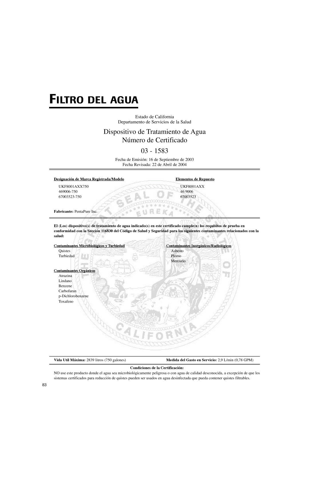 Jenn-Air JFC2089HES, JFC2089HEP important safety instructions Dispositivo de Tratamiento de Agua Número de Certificado 