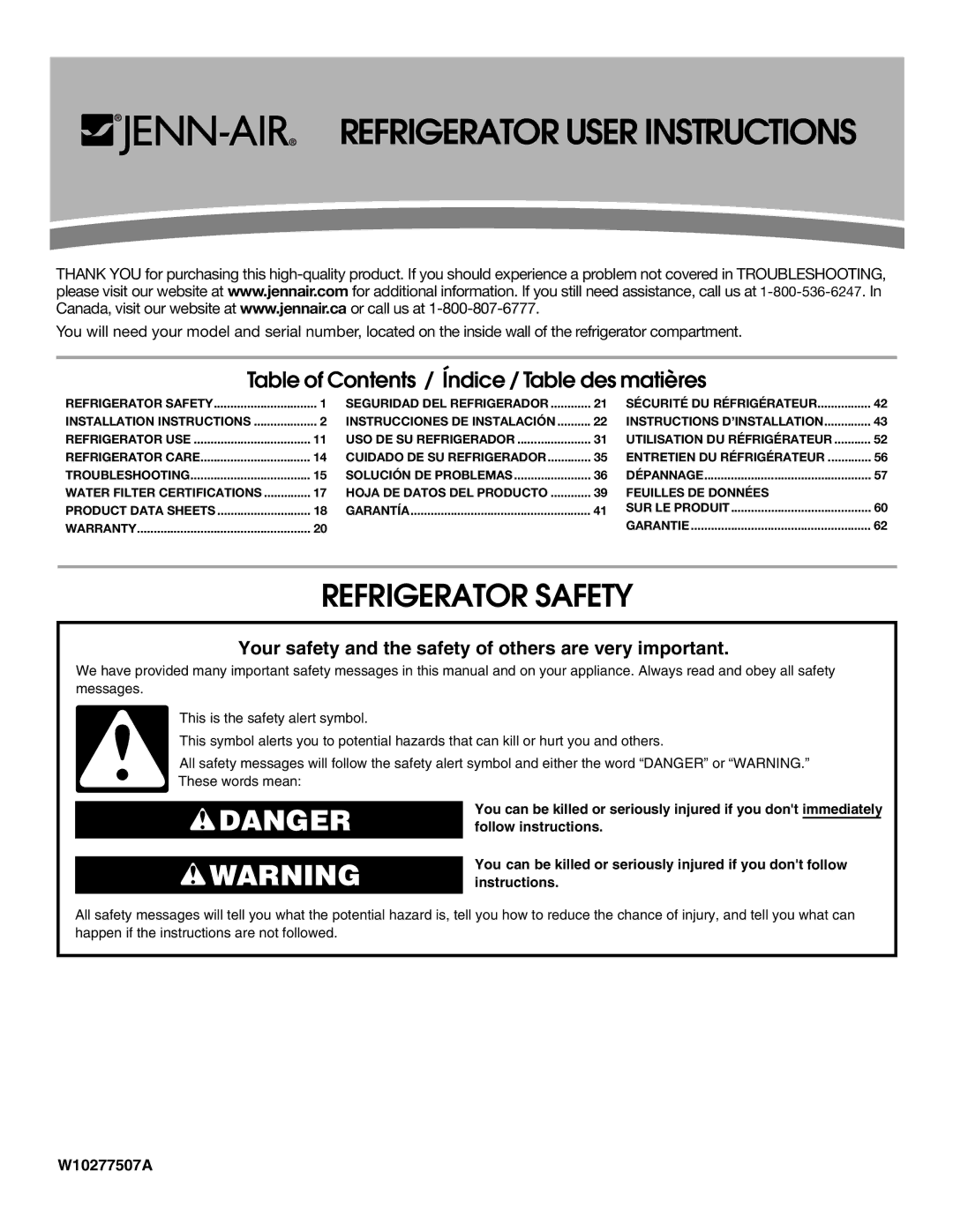 Jenn-Air JFC2089WEM installation instructions Refrigerator User Instructions, Refrigerator Safety 