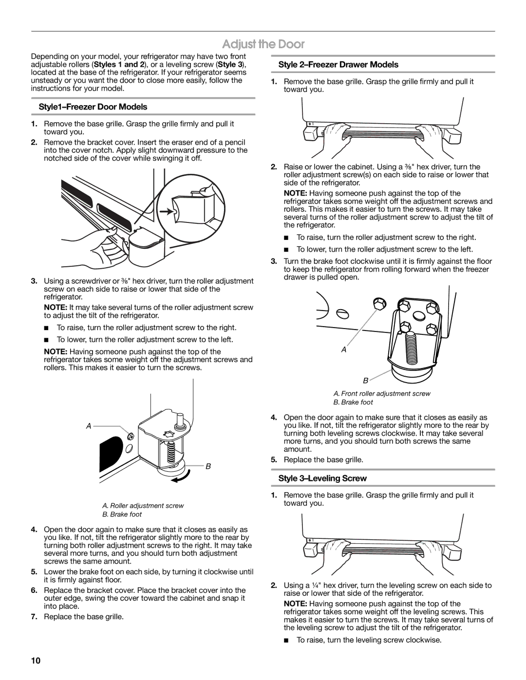 Jenn-Air JFC2089WEM Adjust the Door, Style 2-Freezer Drawer Models, Style1-Freezer Door Models, Style 3-Leveling Screw 