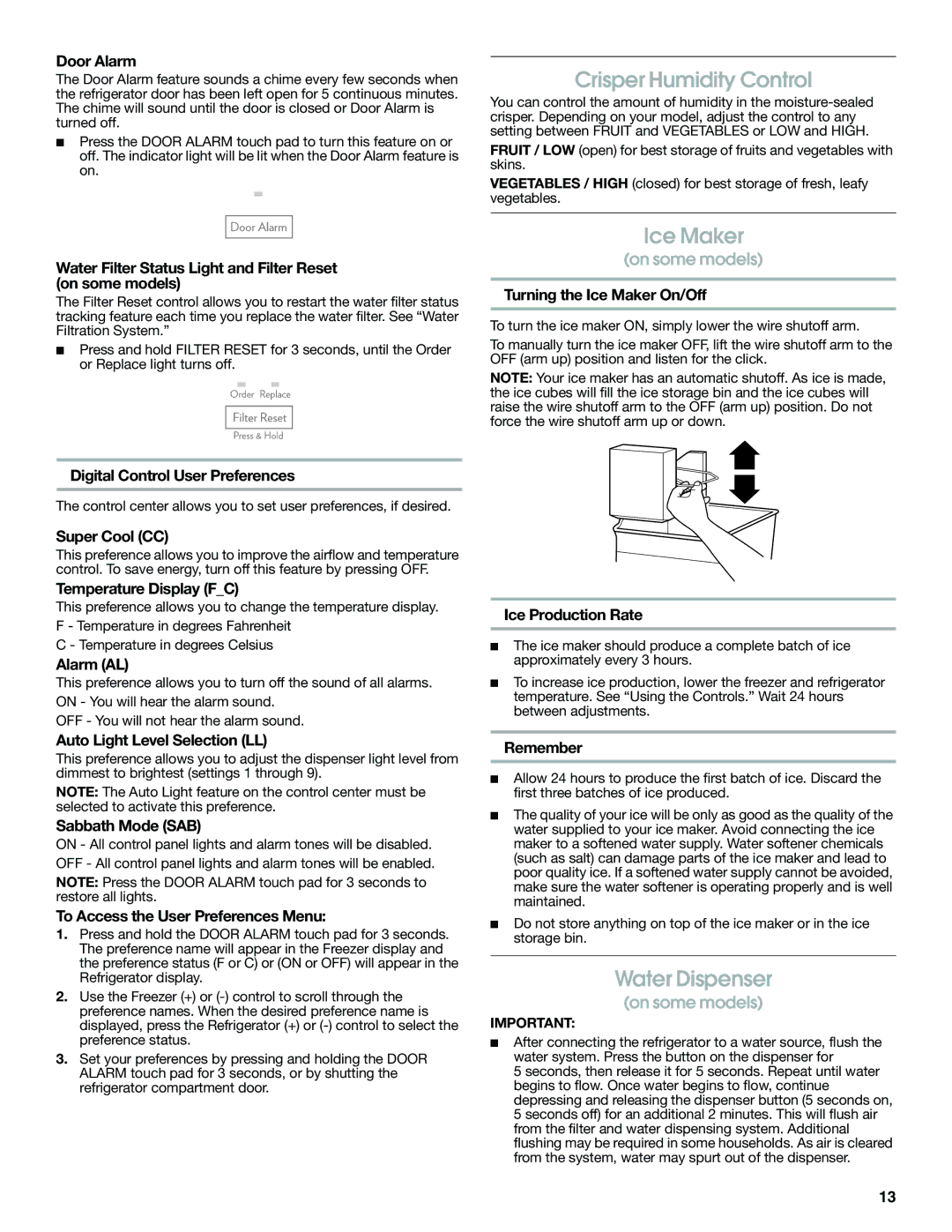 Jenn-Air JFC2089WEM installation instructions Crisper Humidity Control, Ice Maker, Water Dispenser 