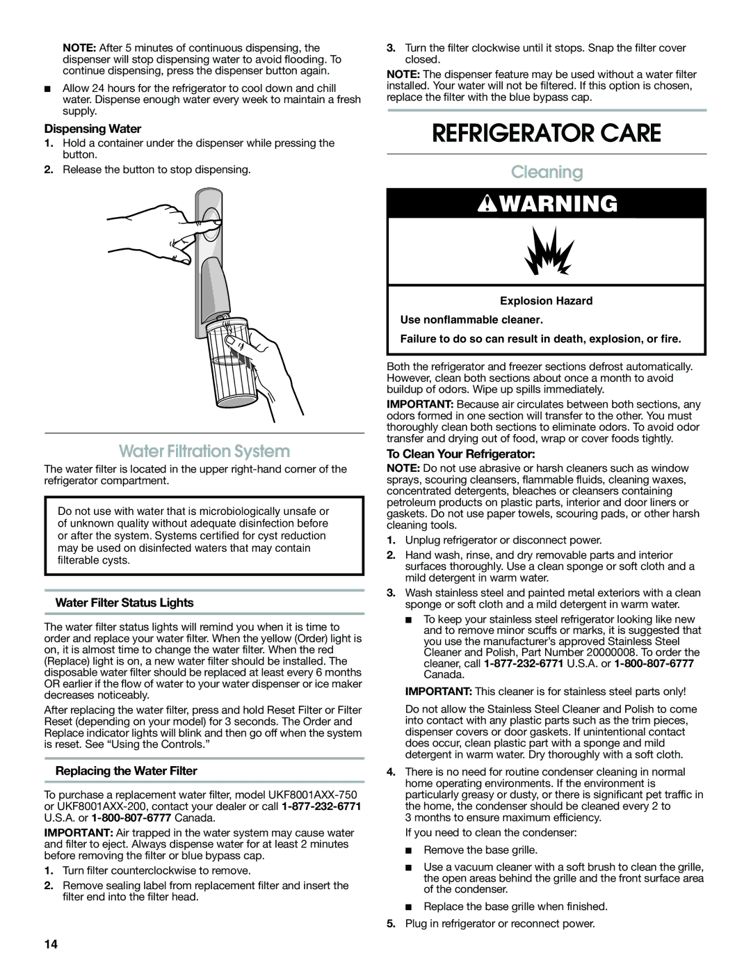 Jenn-Air JFC2089WEM installation instructions Refrigerator Care, Water Filtration System, Cleaning 