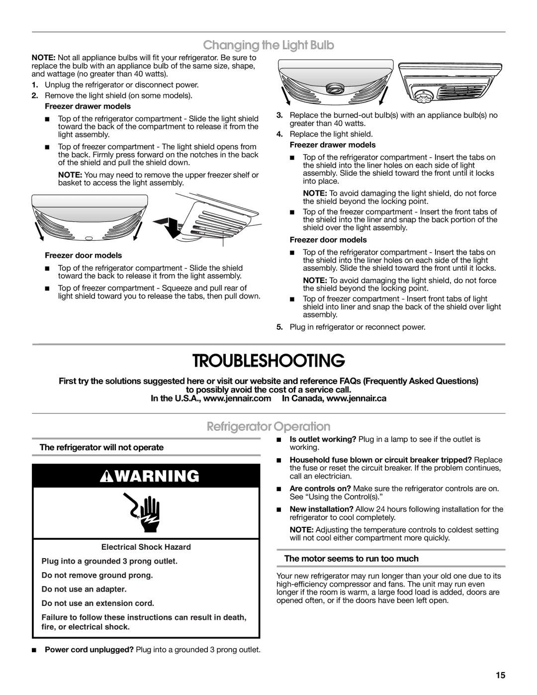 Jenn-Air JFC2089WEM Troubleshooting, Changing the Light Bulb, Refrigerator Operation, Refrigerator will not operate 