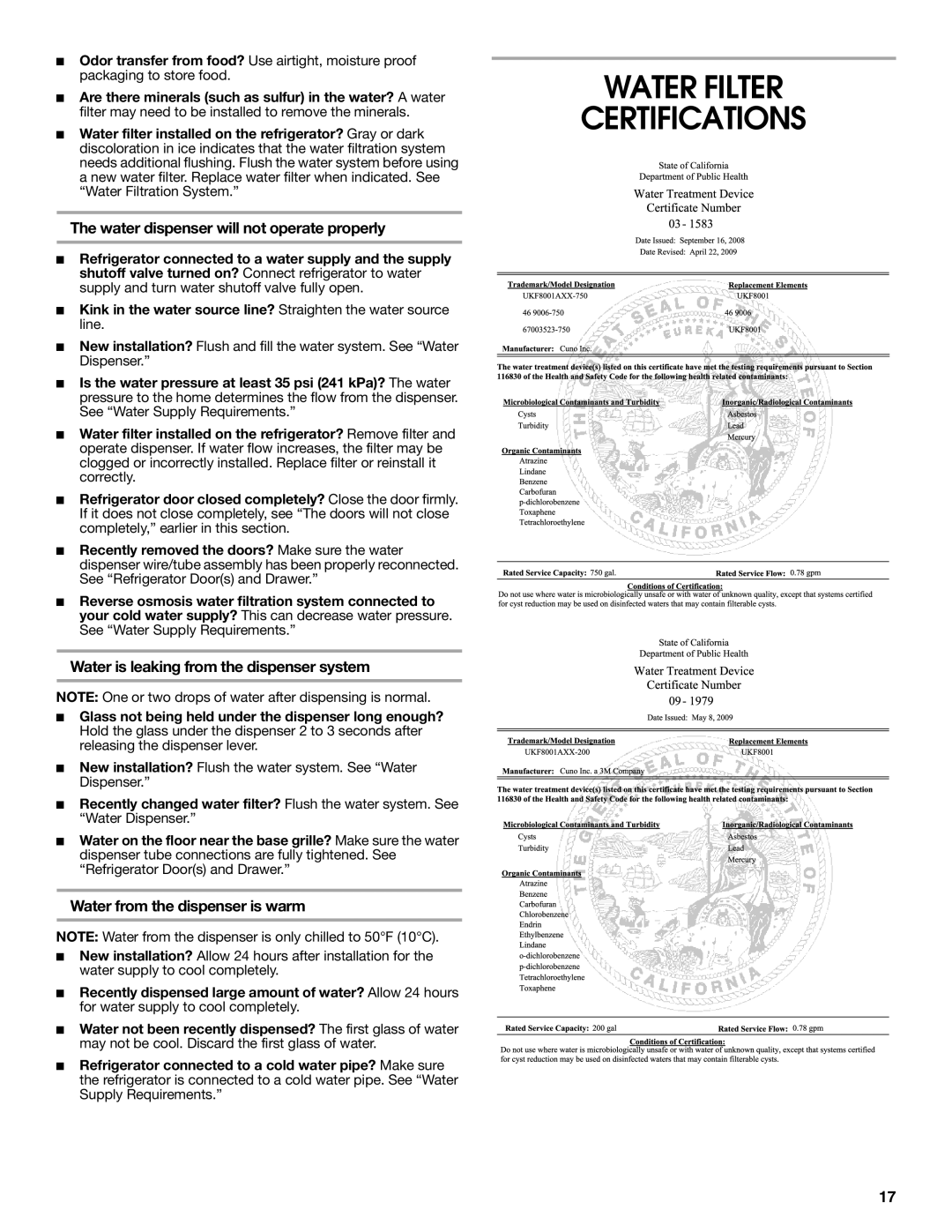 Jenn-Air JFC2089WEM installation instructions Water Filter Certifications, Water dispenser will not operate properly 