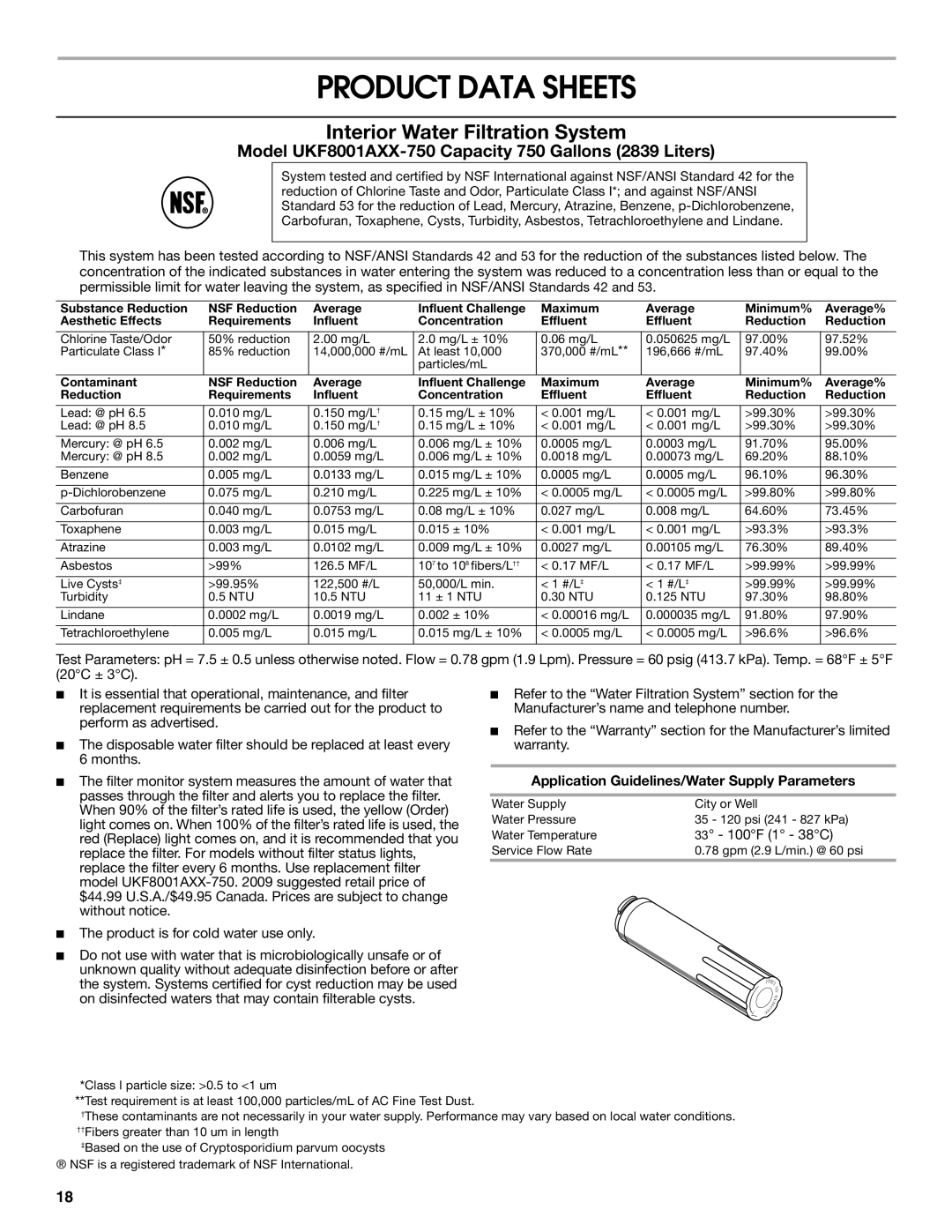 Jenn-Air JFC2089WEM installation instructions Product Data Sheets, Application Guidelines/Water Supply Parameters 