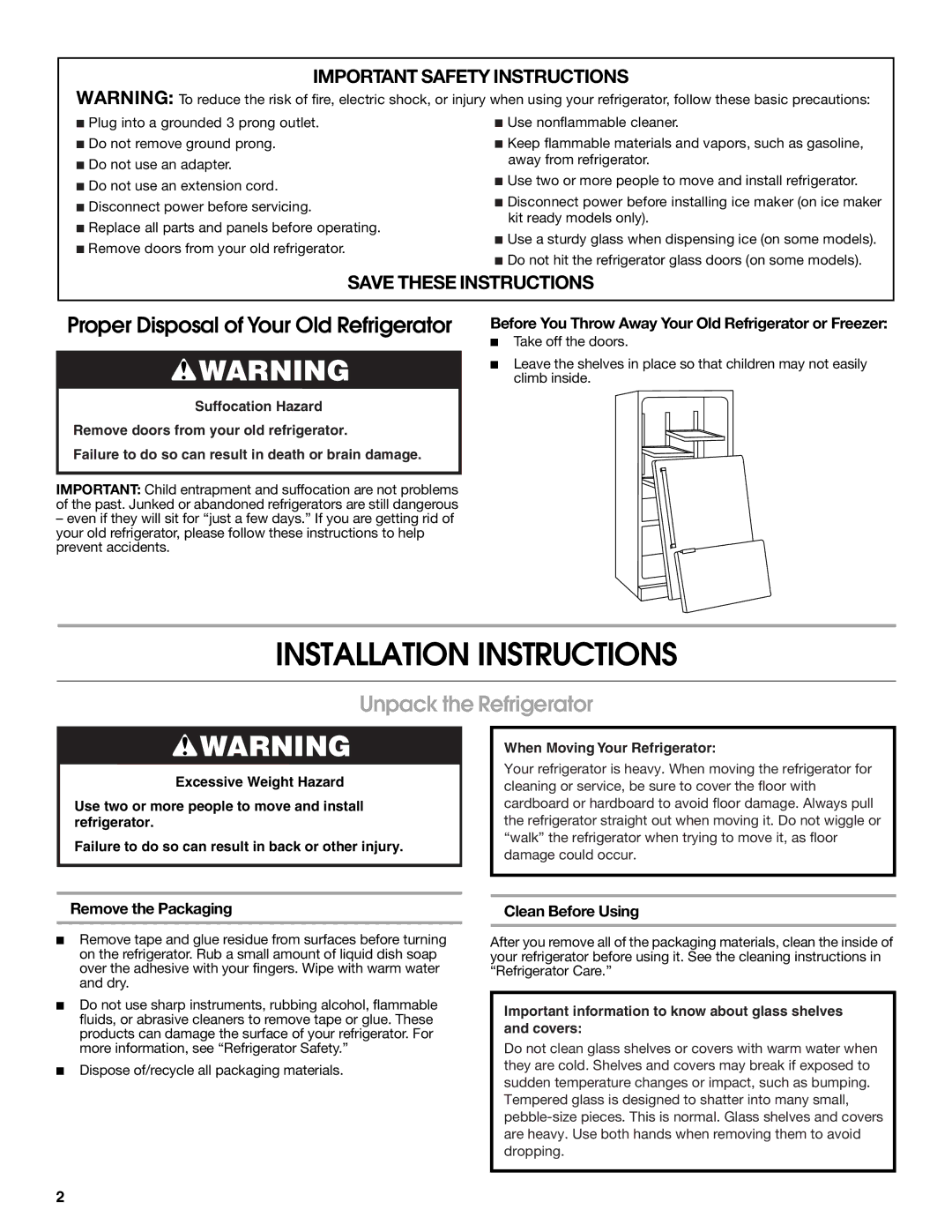 Jenn-Air JFC2089WEM Installation Instructions, Unpack the Refrigerator, Remove the Packaging, Clean Before Using 