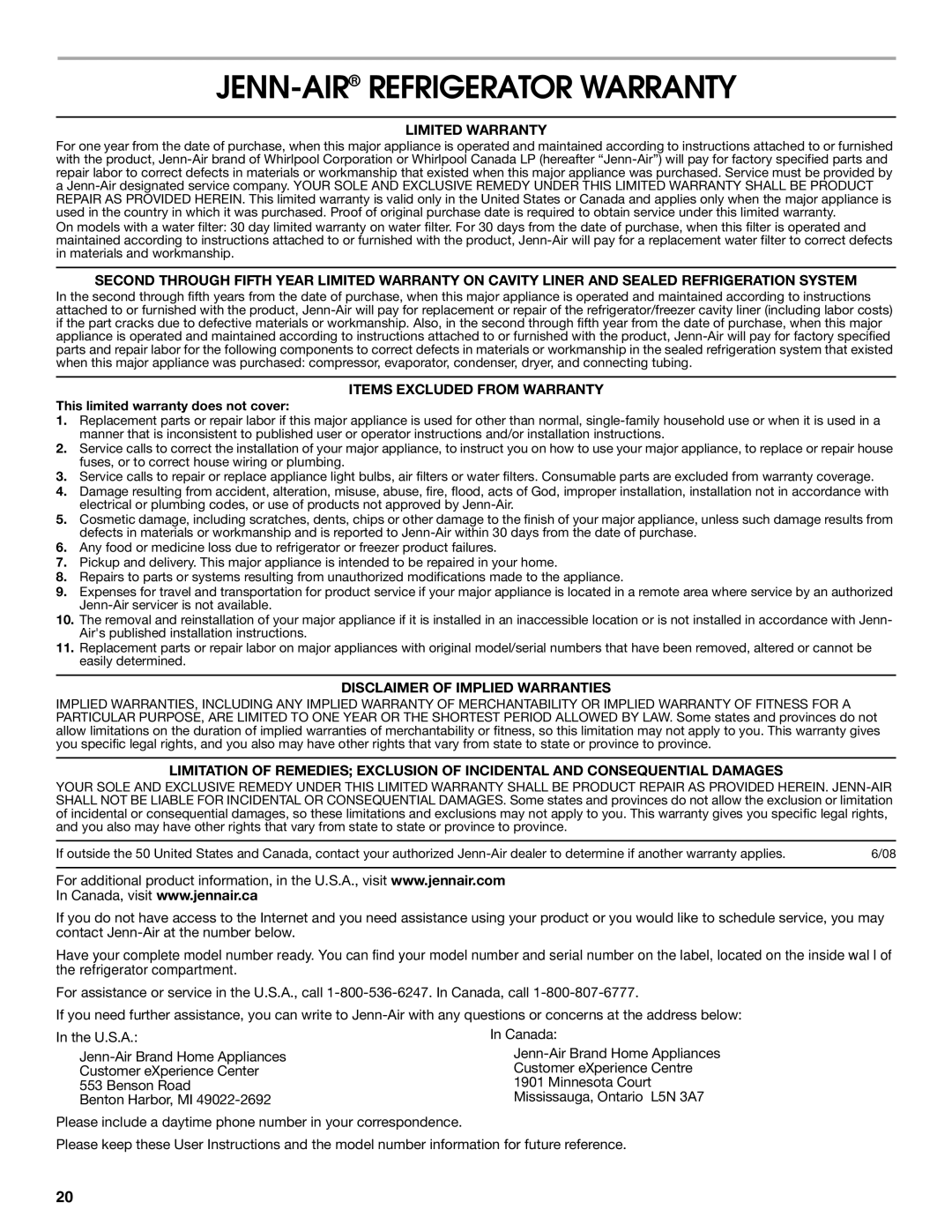 Jenn-Air JFC2089WEM installation instructions JENN-AIRREFRIGERATOR Warranty, Limited Warranty, Items Excluded from Warranty 