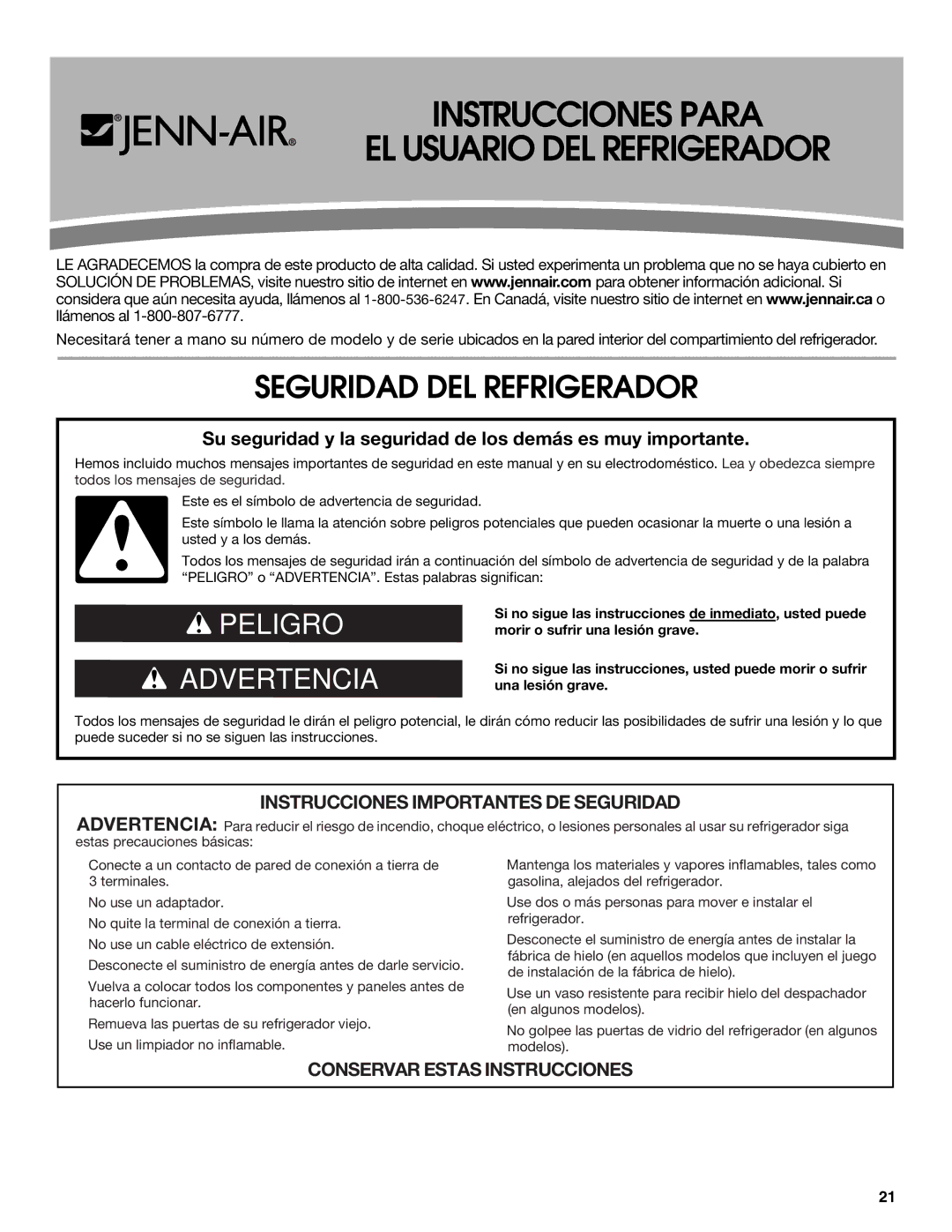 Jenn-Air JFC2089WEM installation instructions Instrucciones Para EL Usuario DEL Refrigerador, Seguridad DEL Refrigerador 