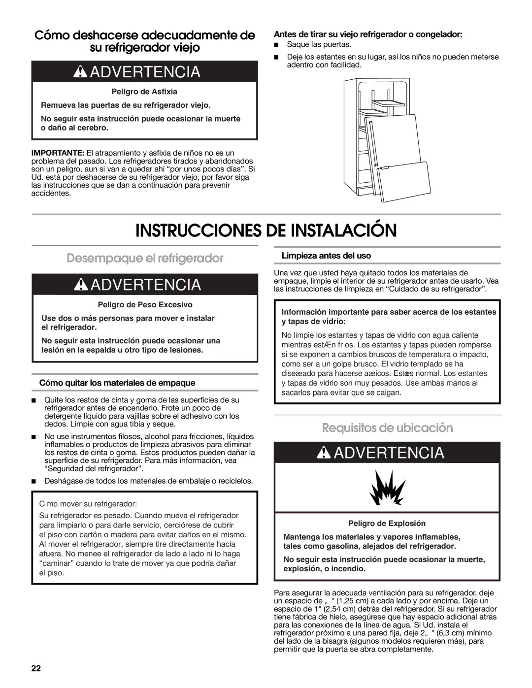 Jenn-Air JFC2089WEM Instrucciones DE Instalación, Desempaque el refrigerador, Requisitos de ubicación 