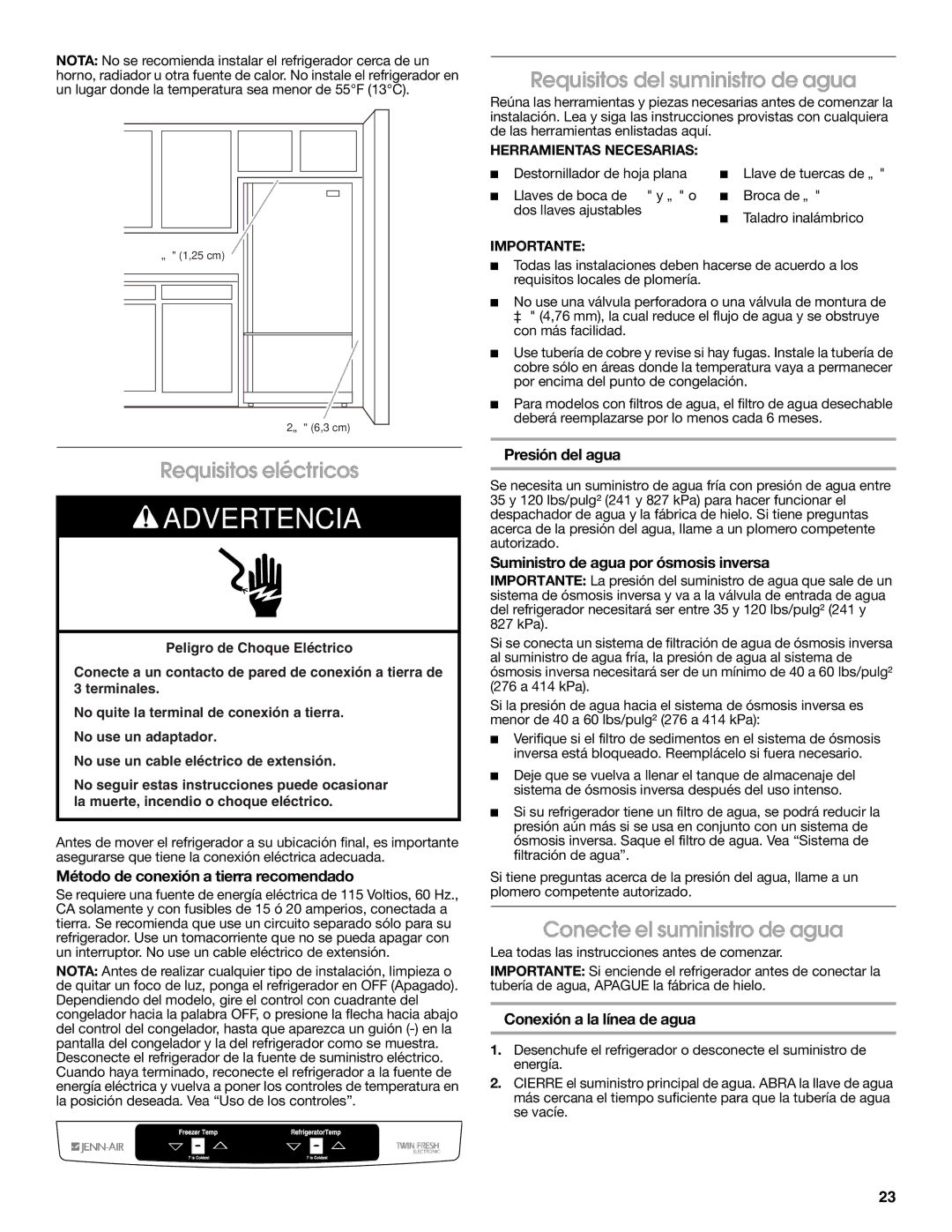 Jenn-Air JFC2089WEM Requisitos eléctricos, Requisitos del suministro de agua, Conecte el suministro de agua 