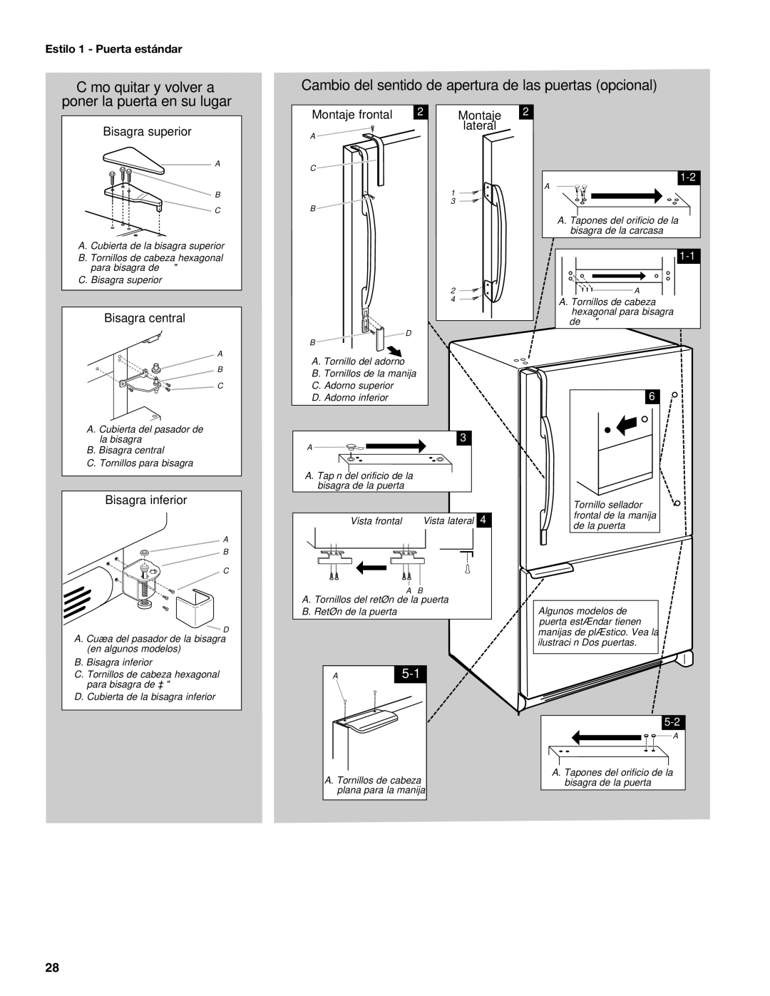 Jenn-Air JFC2089WEM installation instructions Bisagra superior, Estilo 1 Puerta estándar 