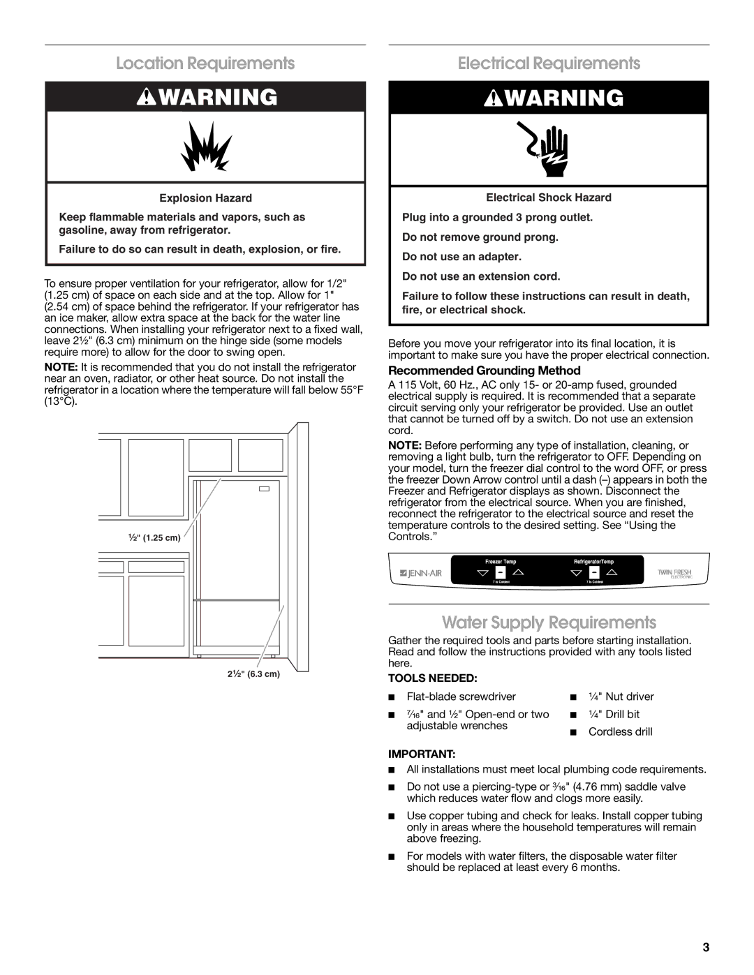 Jenn-Air JFC2089WEM Location Requirements, Electrical Requirements, Water Supply Requirements, Tools Needed 