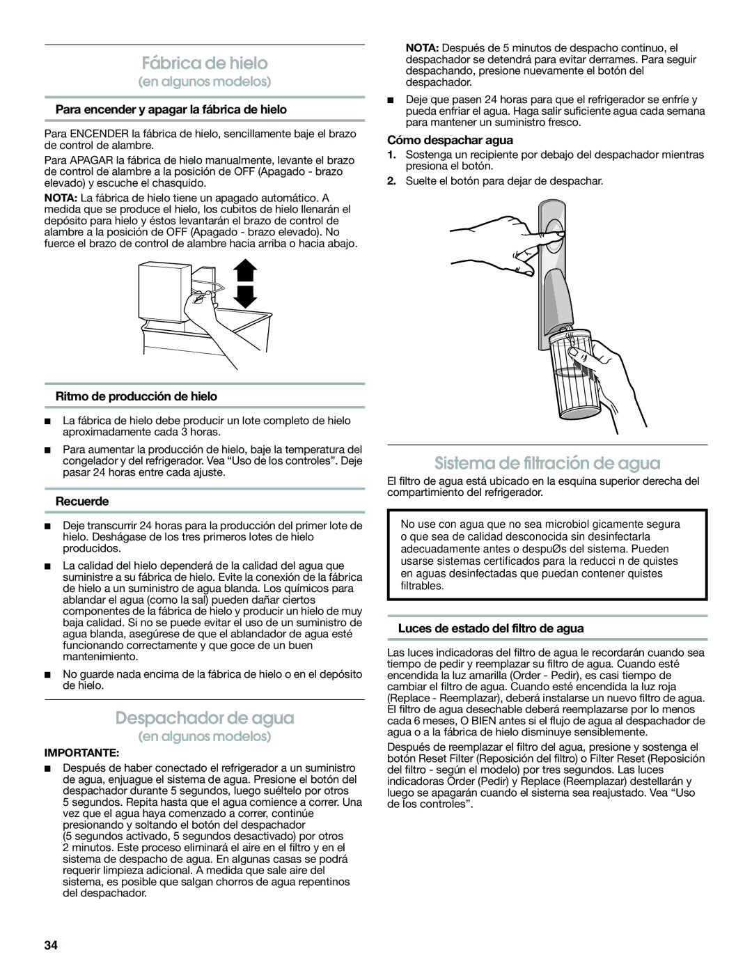 Jenn-Air JFC2089WEM installation instructions Fábrica de hielo, Despachador de agua, Sistema de filtración de agua 