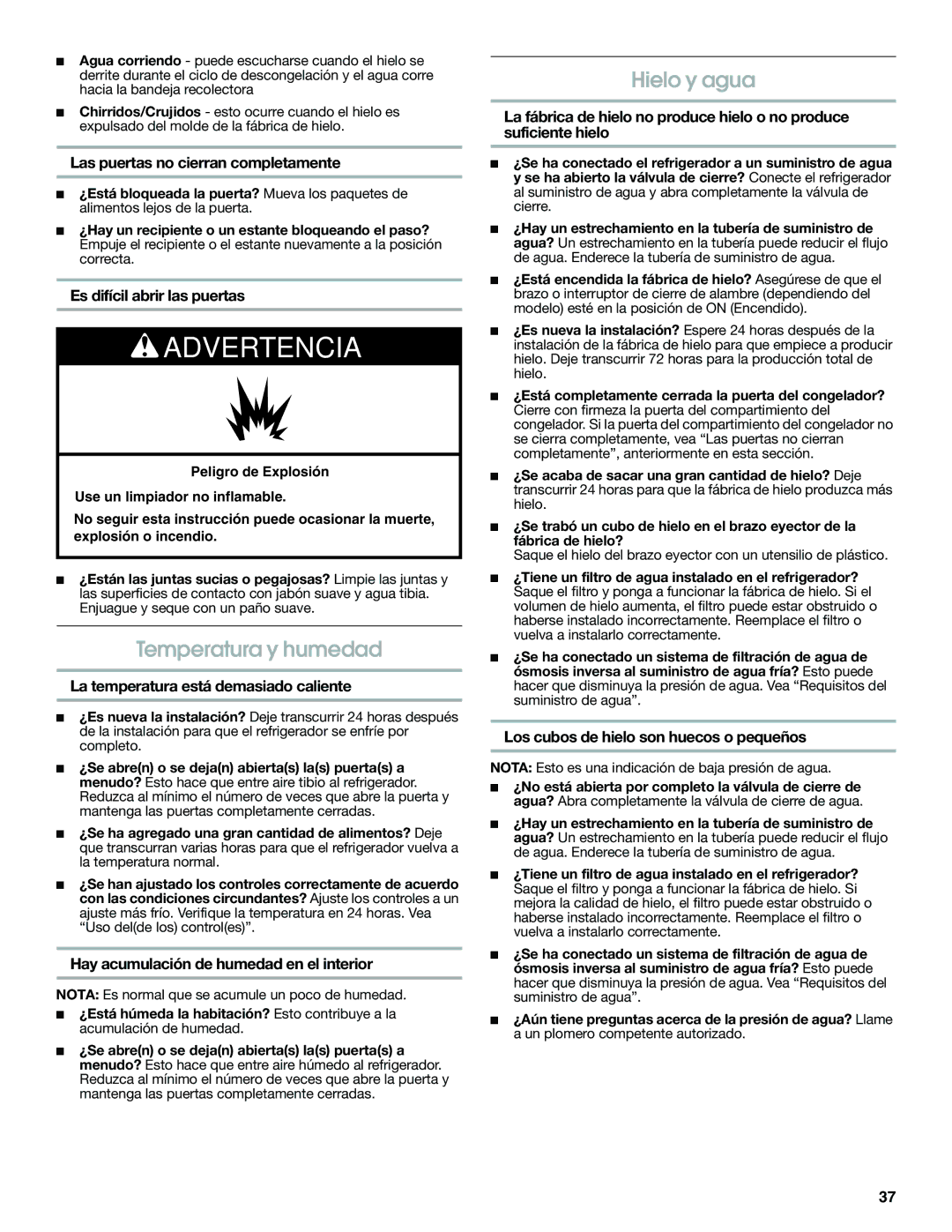 Jenn-Air JFC2089WEM installation instructions Temperatura y humedad, Hielo y agua 